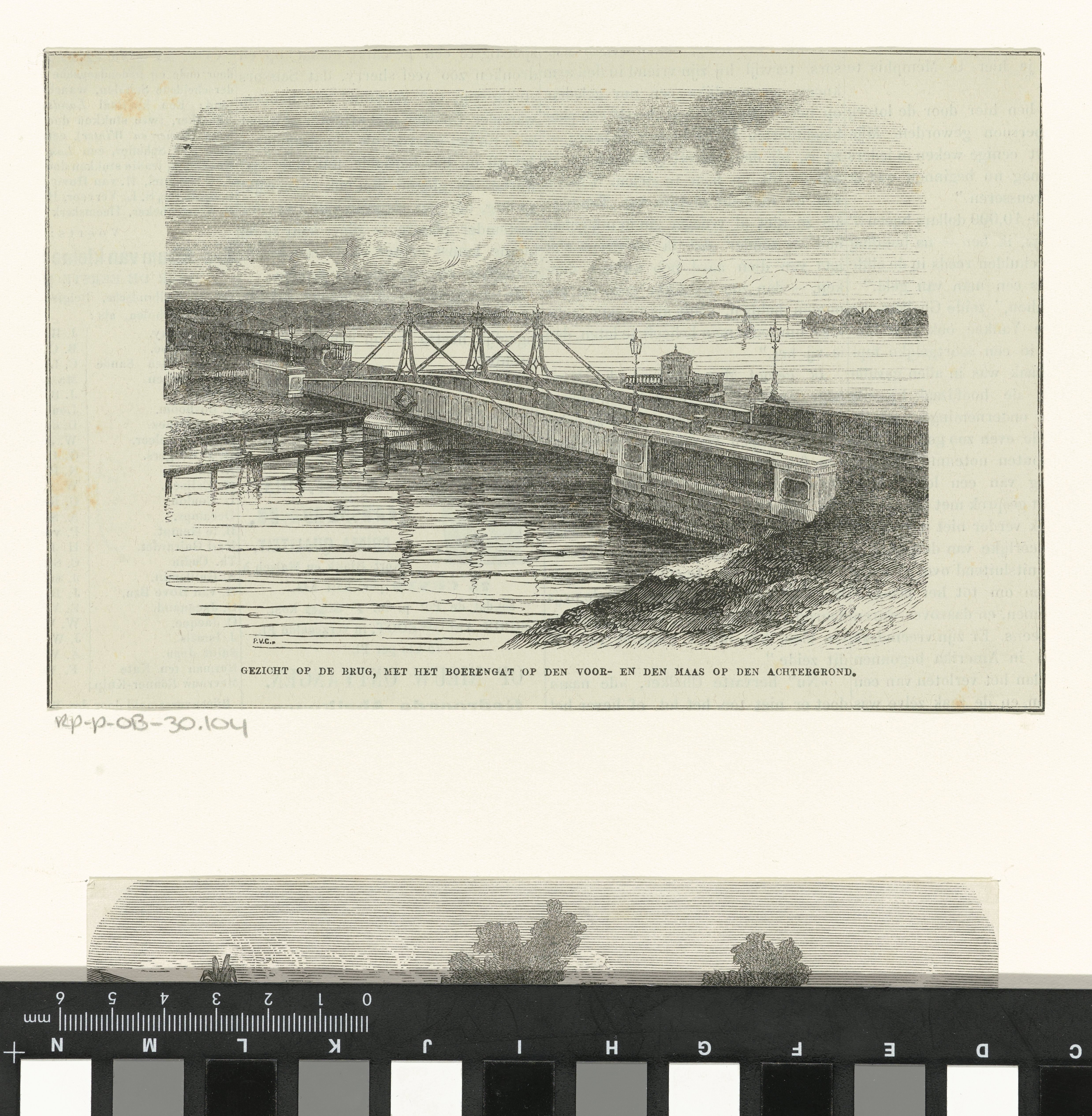 Gezicht op de brug, met het boerengat op den voor- en den Maas op den achtergrond