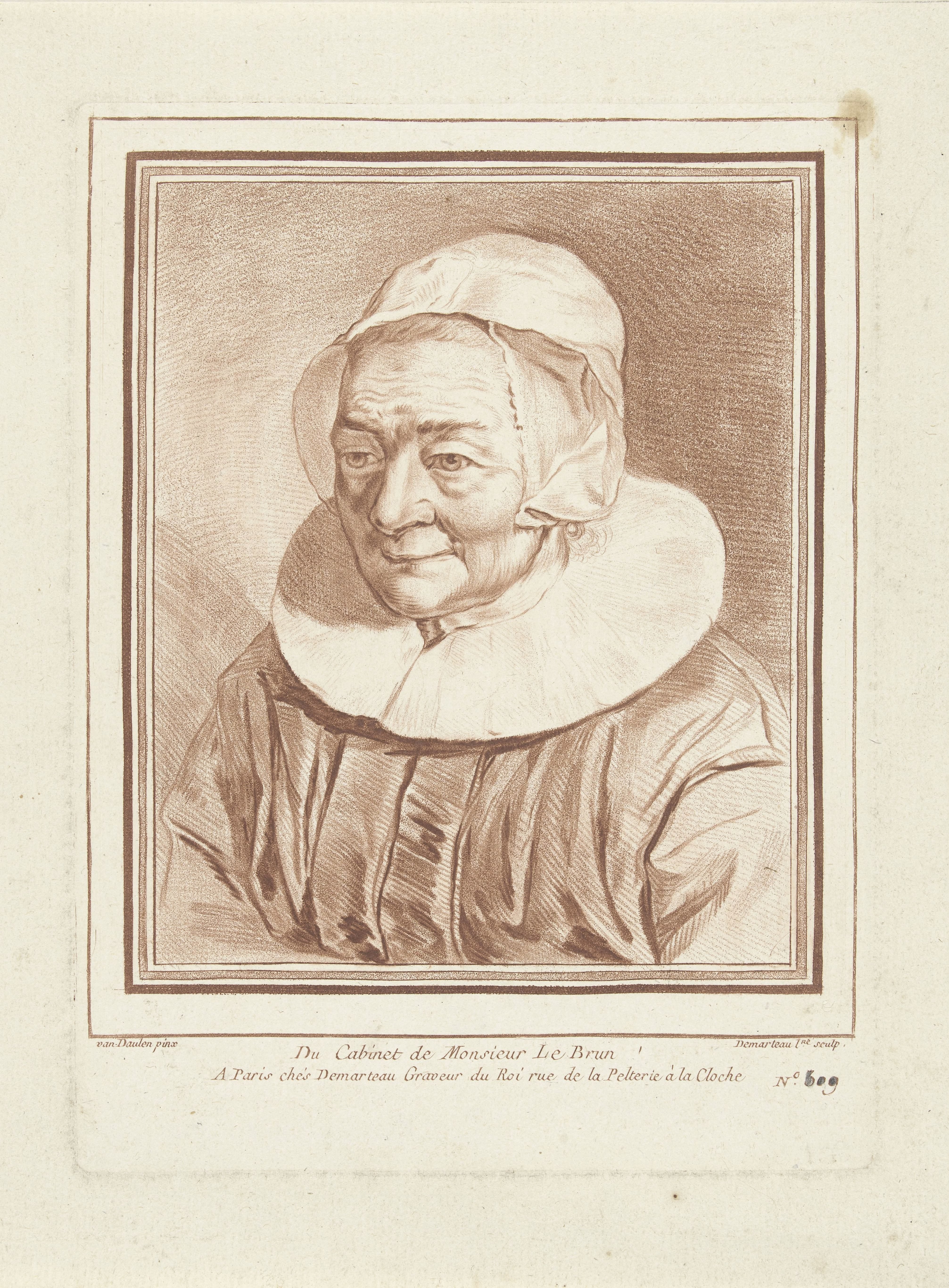 Buste van oude vrouw met muts en kraag