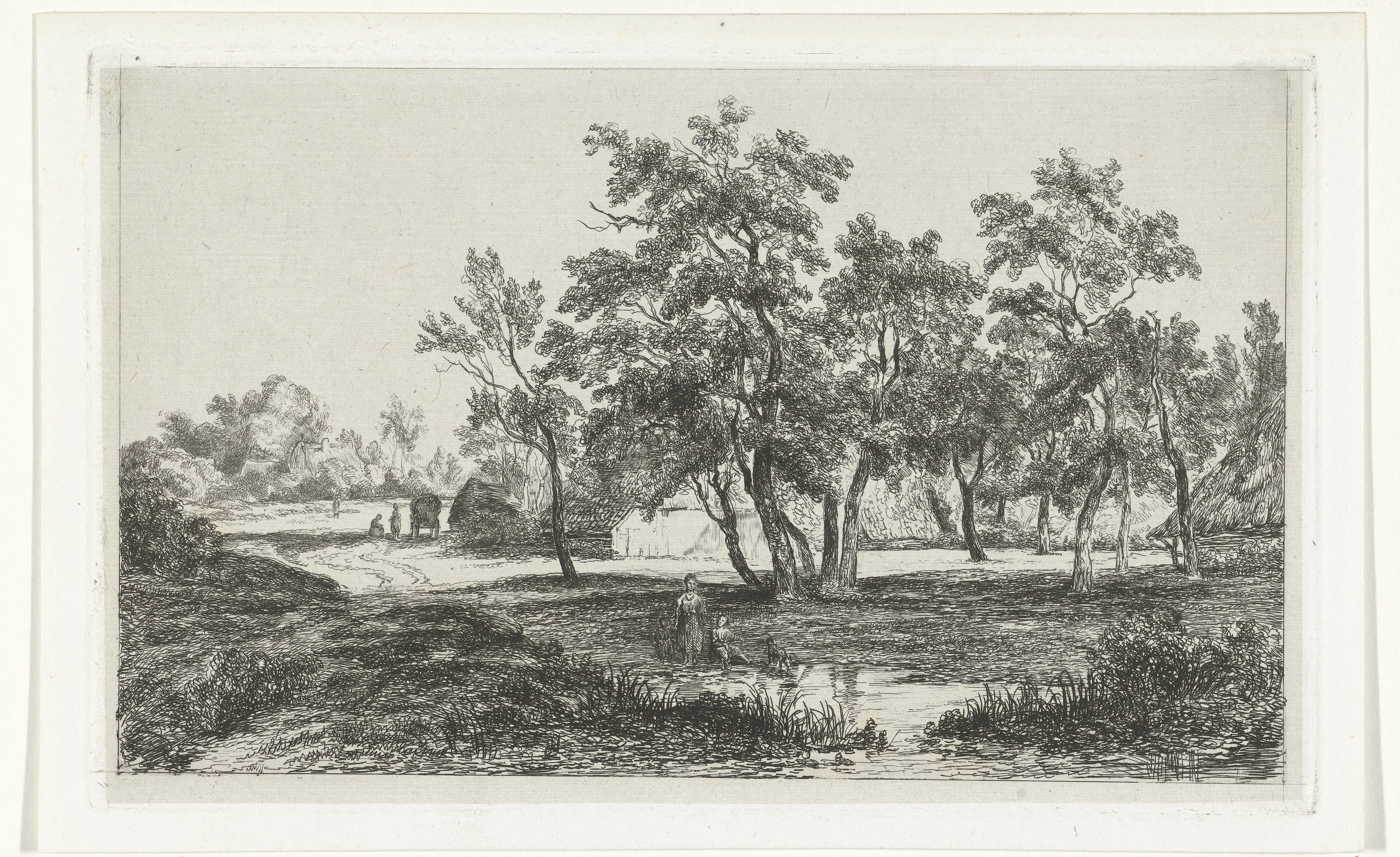 Landschap met boerderij tussen de bomen