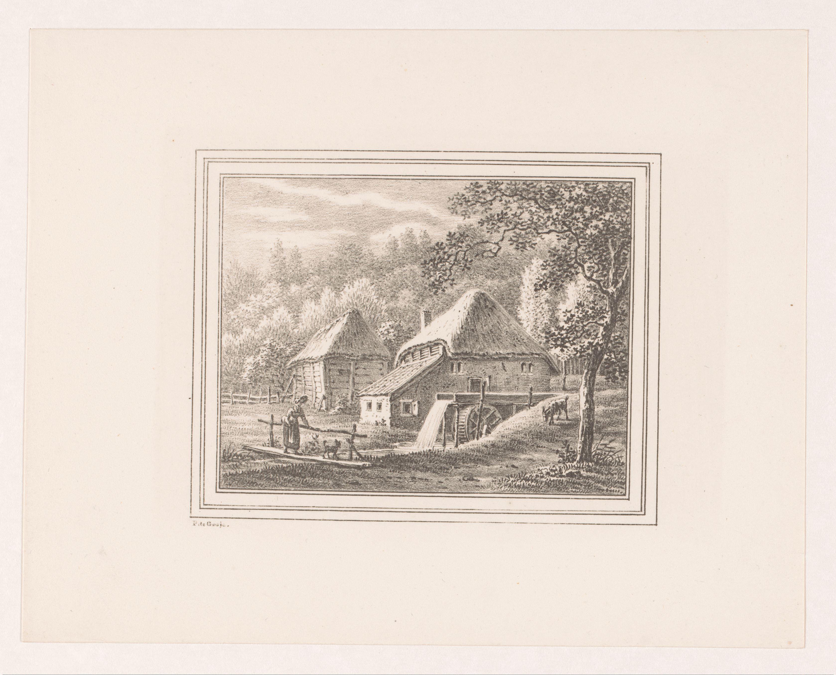 Landschap met watermolen en schuur