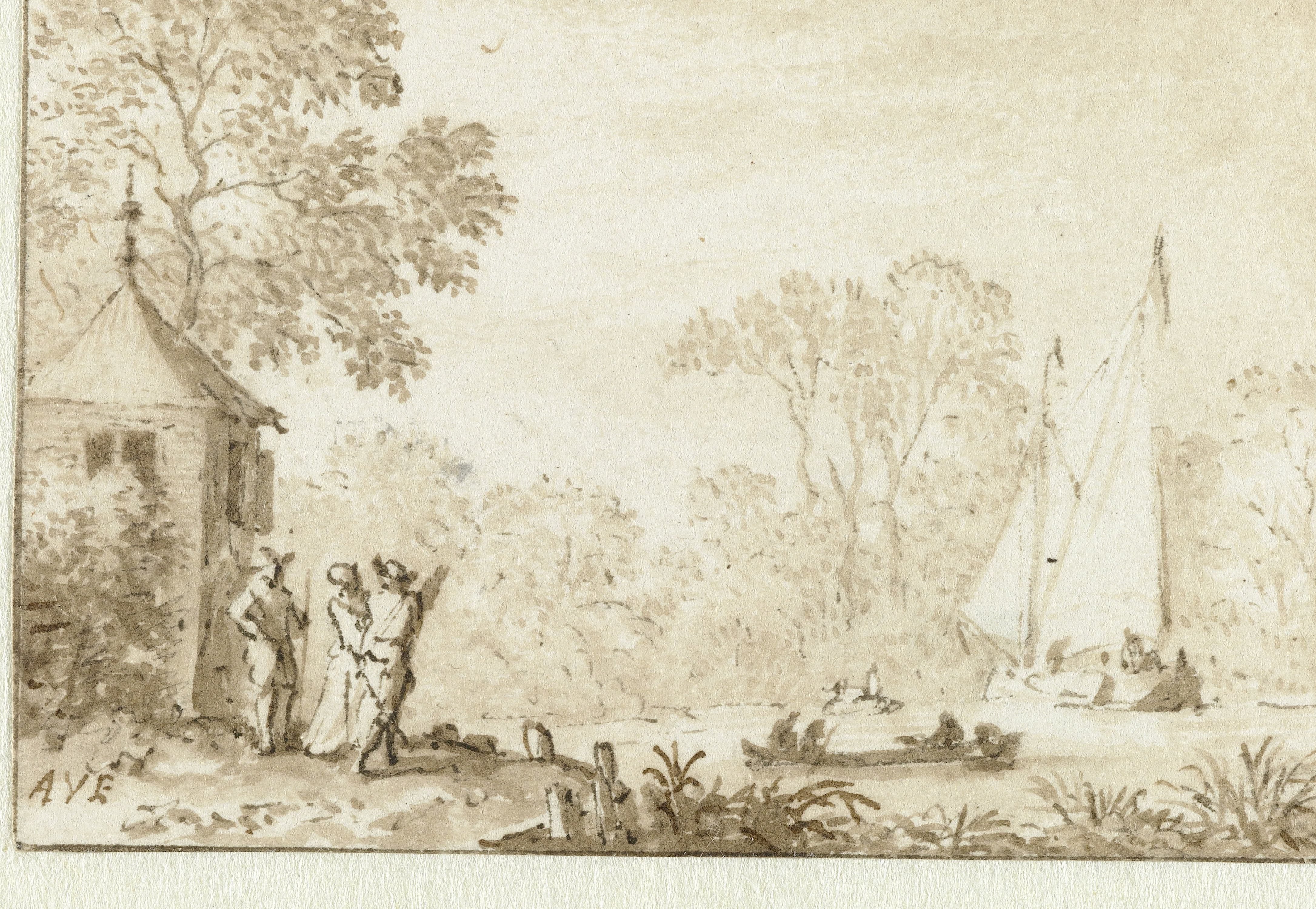 Landschap met drie figuren aan de oever van een water