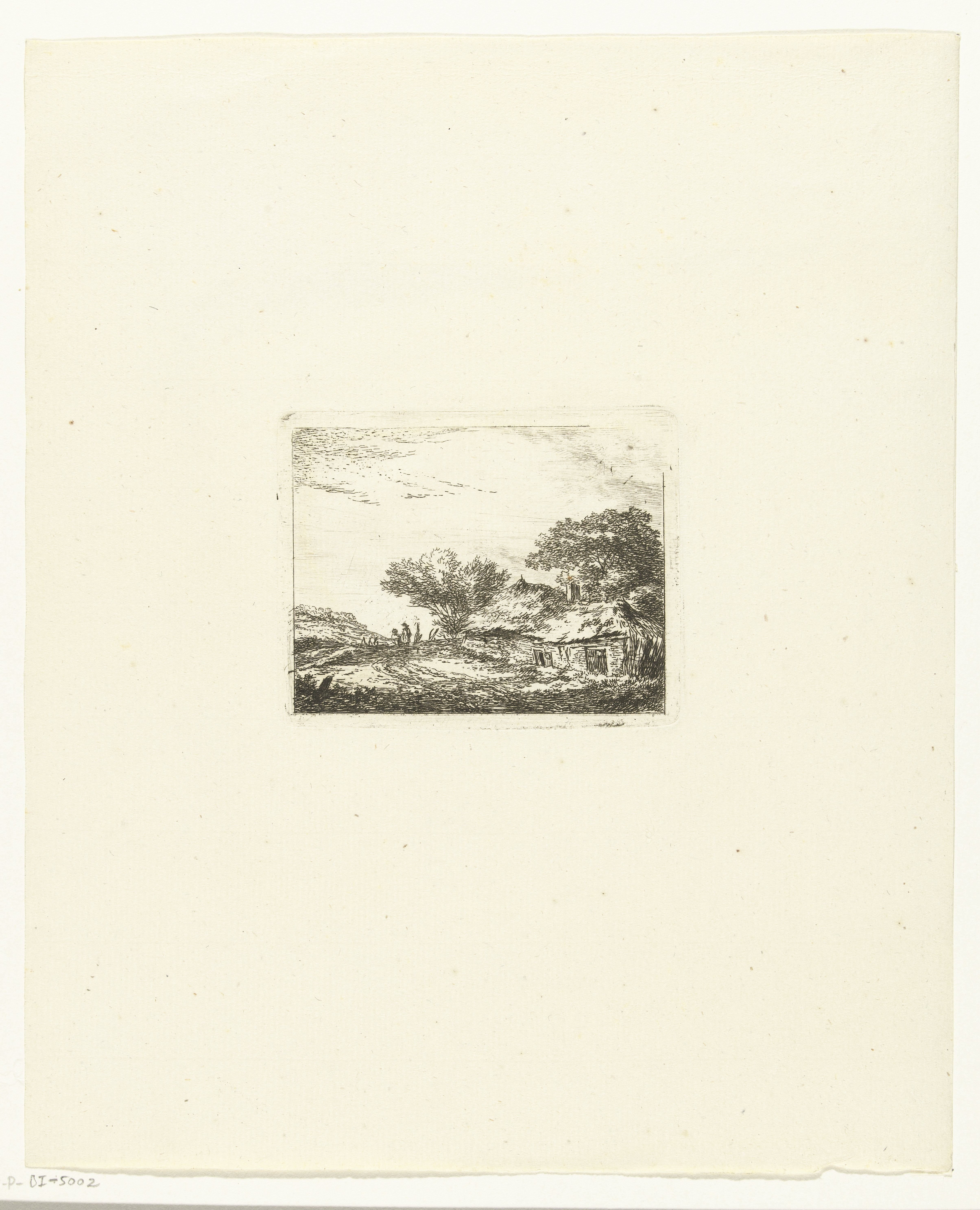 Landschap met twee wandelaars bij een hutje