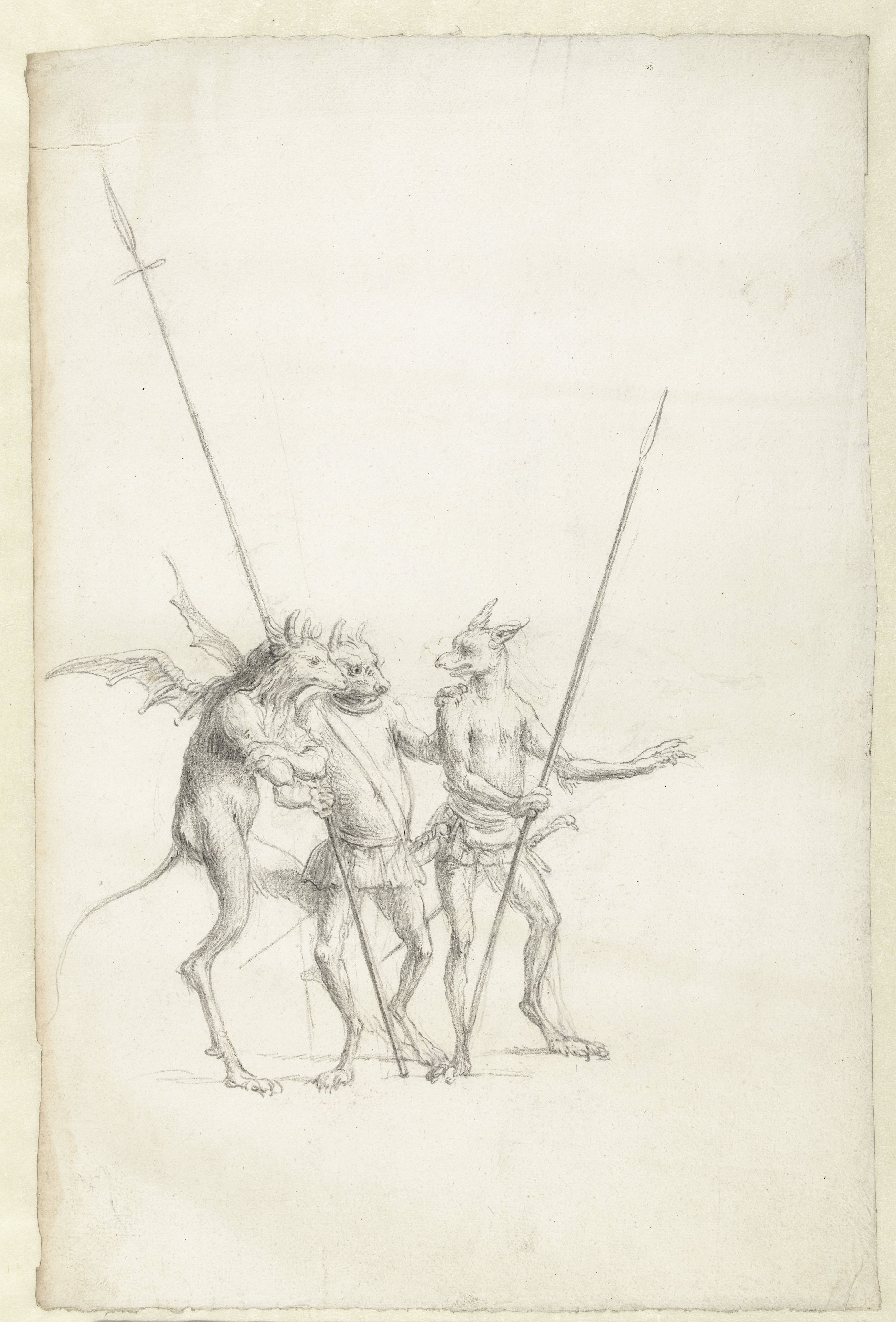 Three Standing Demonic Creatures, Two with a Spear
