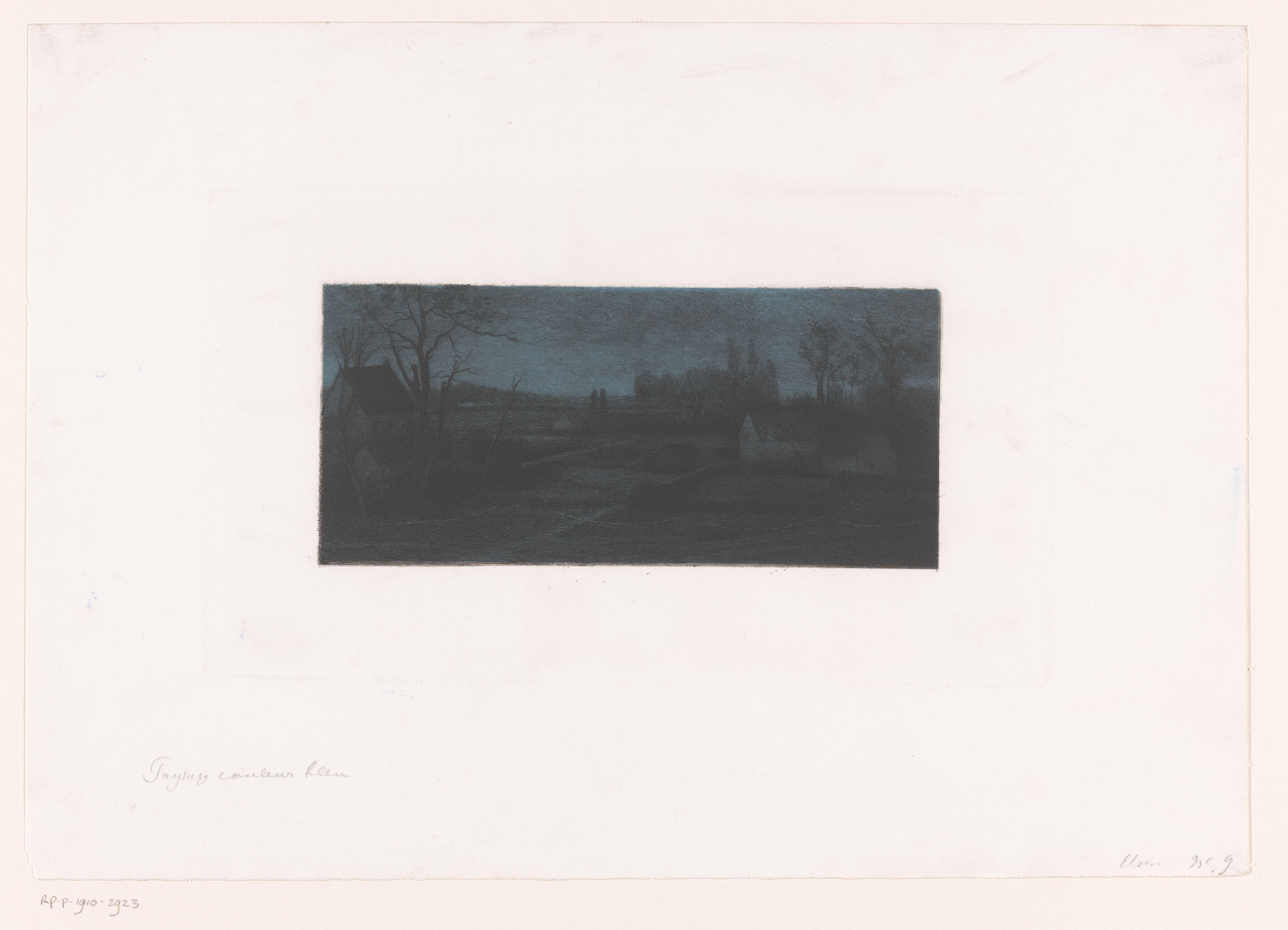 Landschap met boerderijen bij avond