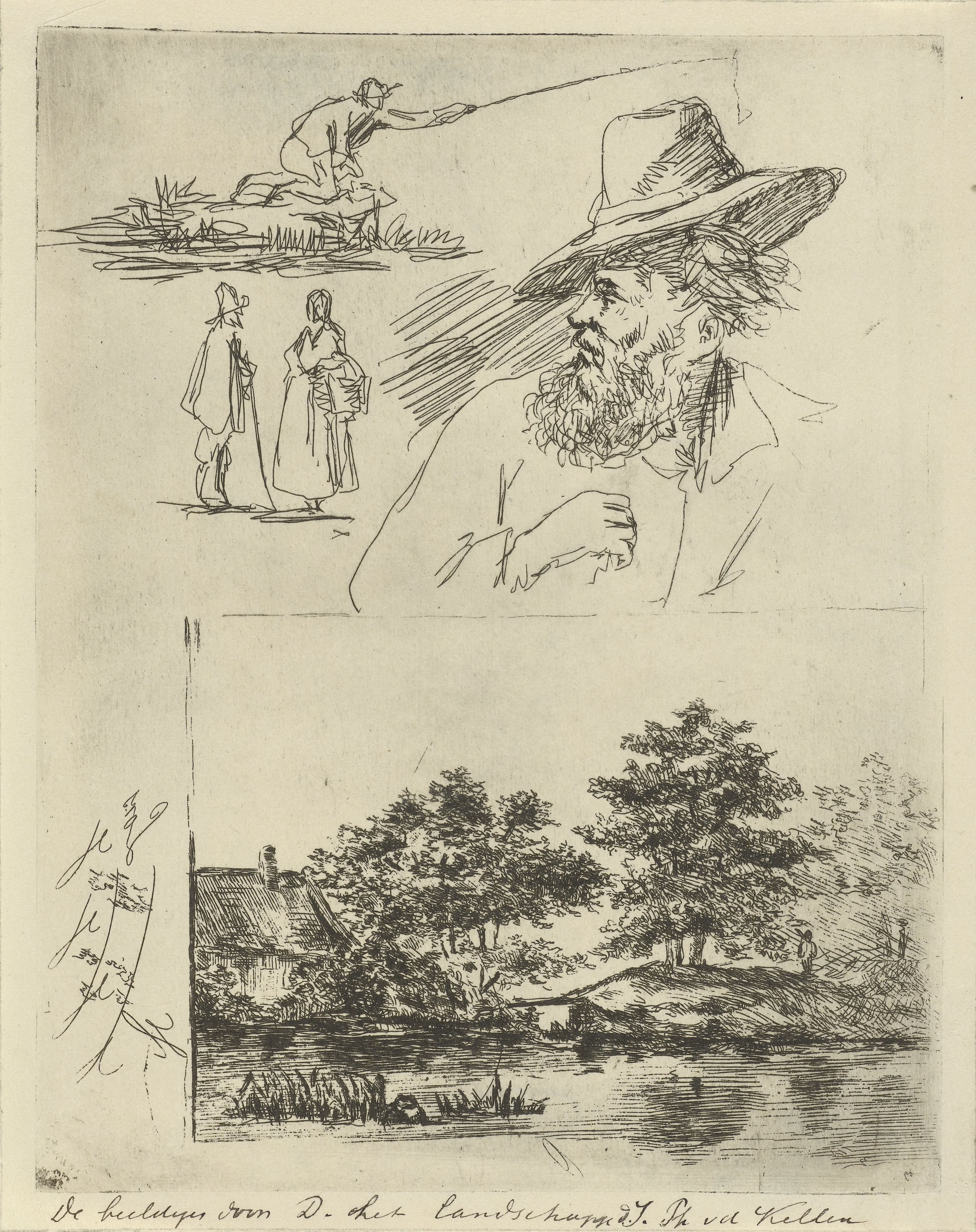 Studieblad met vier figuren en een landschap
