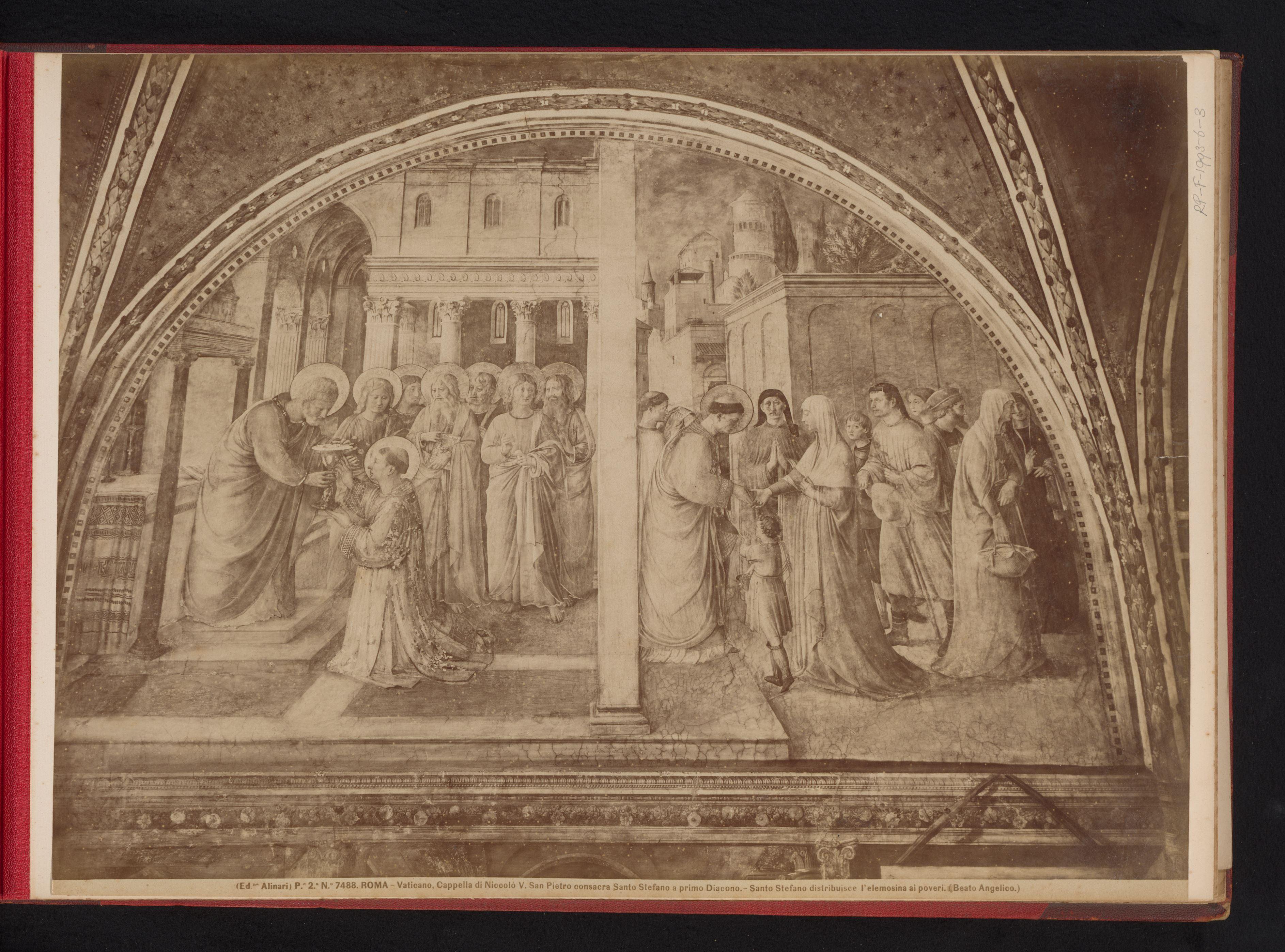 Fotoreproductie van fresco Petrus wijdt de heilige Stefanus tot diaken en Stefanus deelt aalmoezen uit aan de armen, door Fra Angelico, Kapel van Nicolaas V, Vaticaan