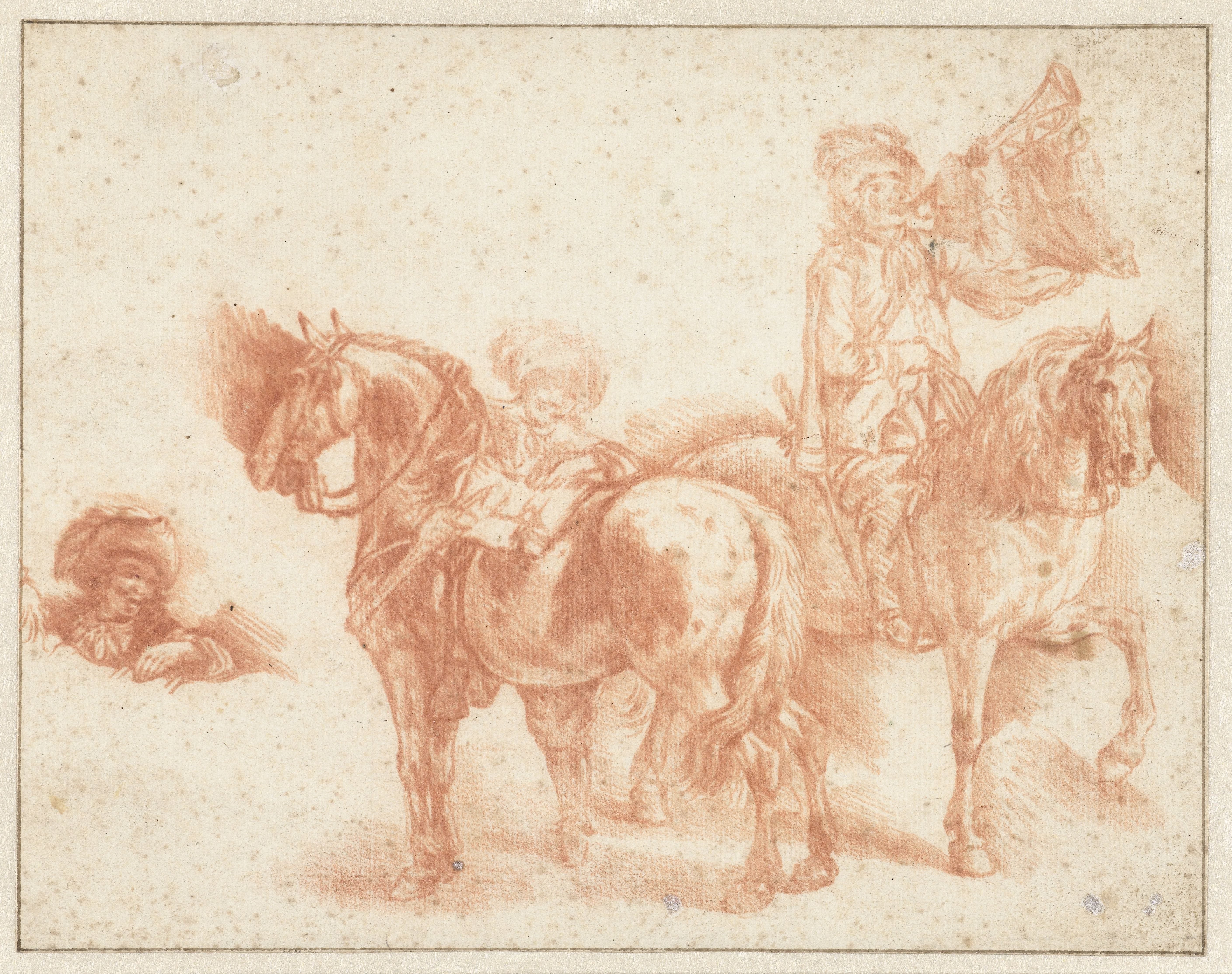 Mounted Trumpeter and Another Man about to Mount his Horse, with an Alternative Study for his Head and Shoulders