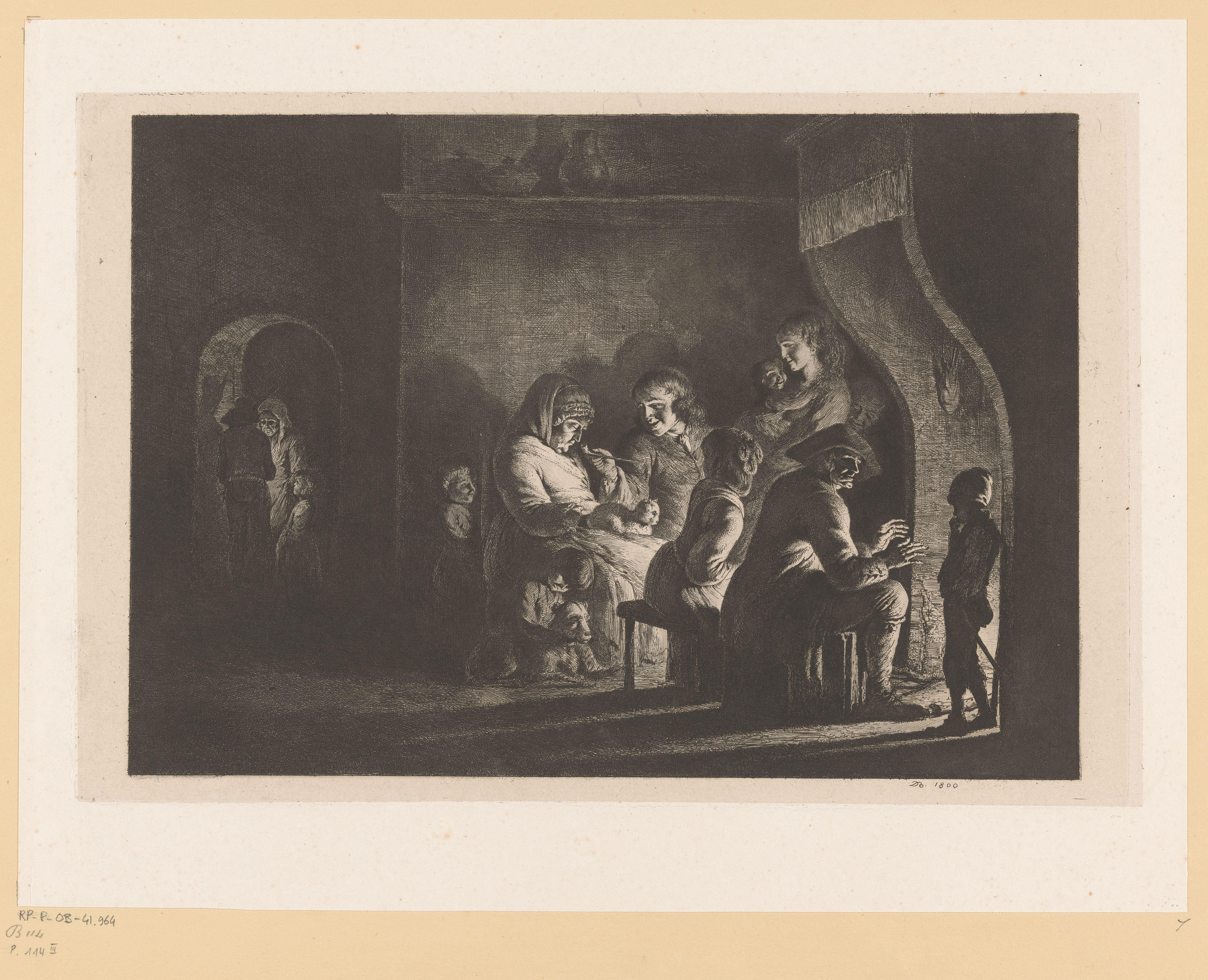 Boerenfamilie rond een haardvuur