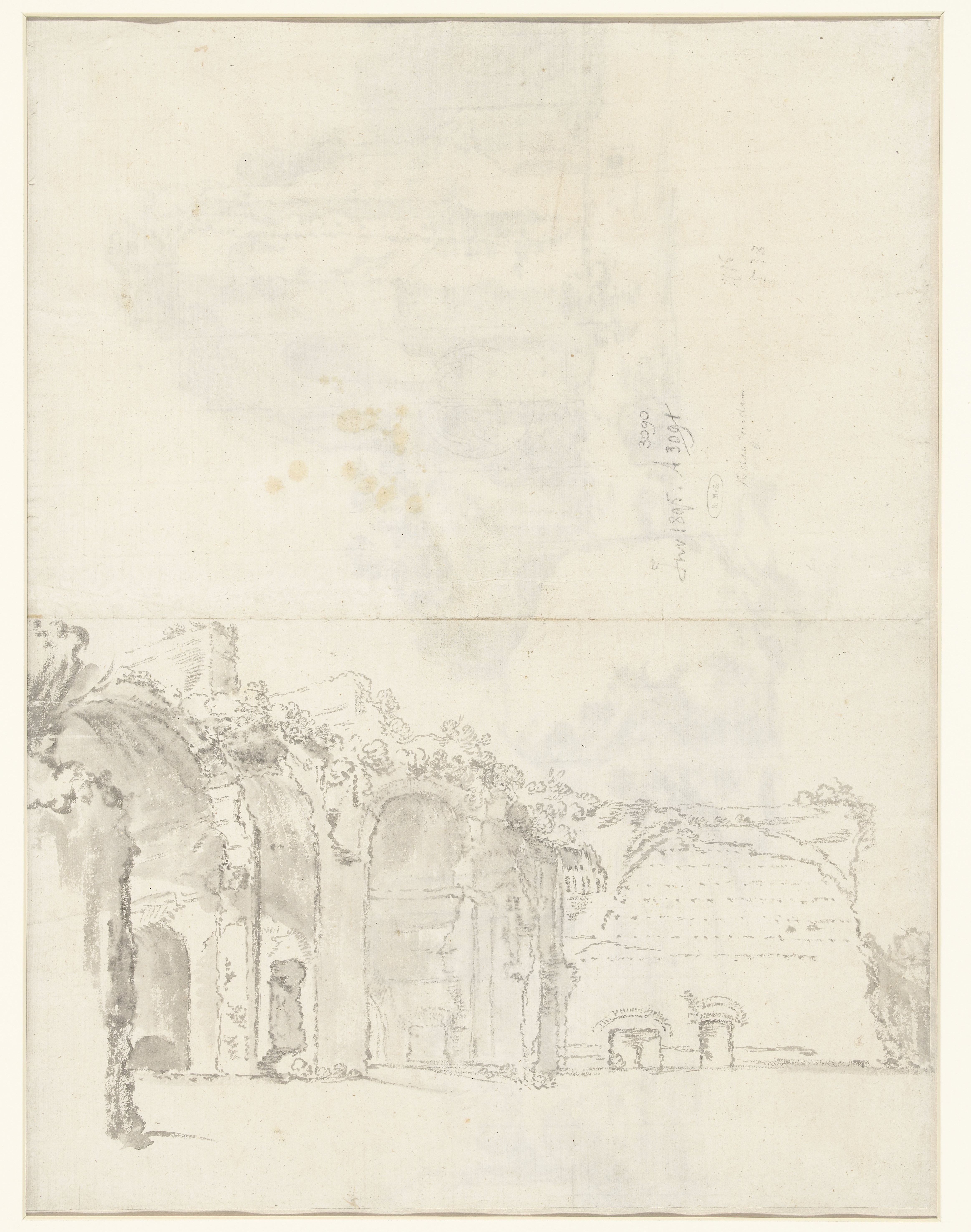 View of Classical Ruins / recto: View of the Baths of Caracalla, Rome, with a Large Boulder in the Foreground