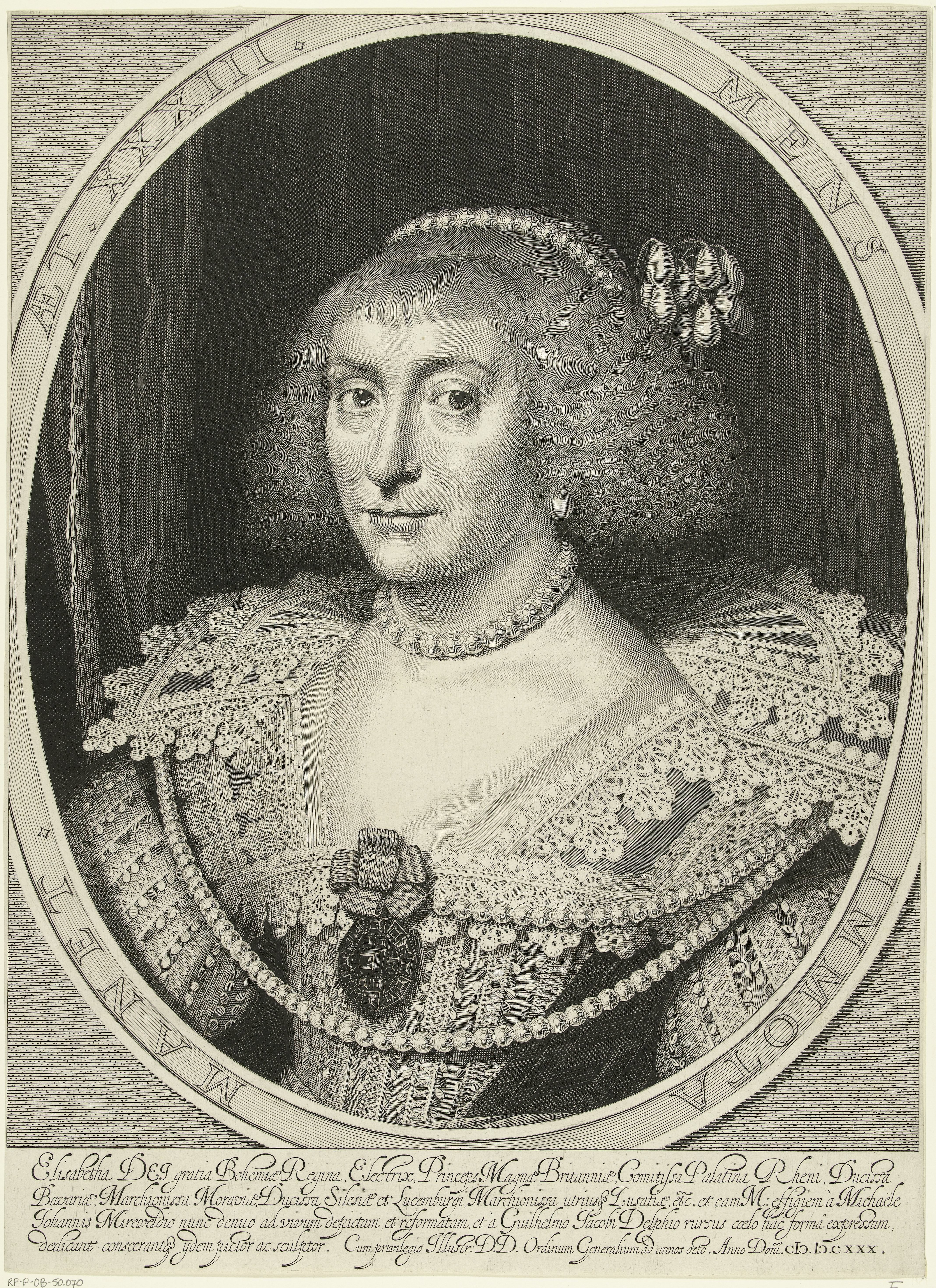 Portret van Elisabeth Stuart, keurvorstin van de Palts, koningin van Bohemen op 33-jarige leeftijd