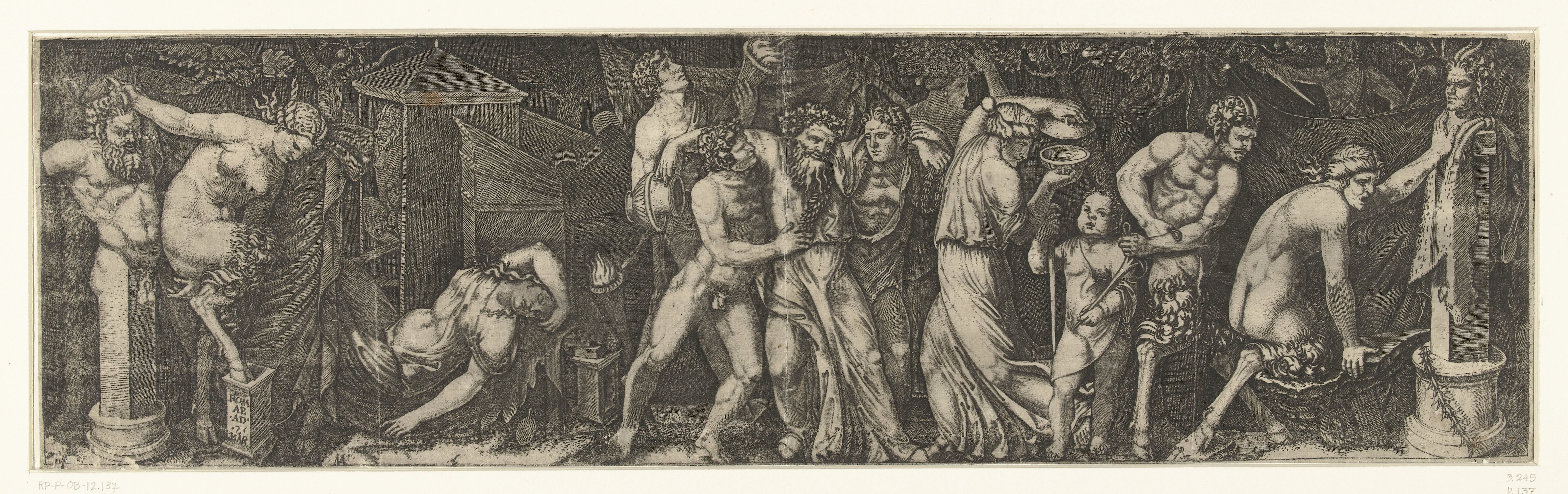 Bacchanaal met dronken Bacchus en saters en maenaden