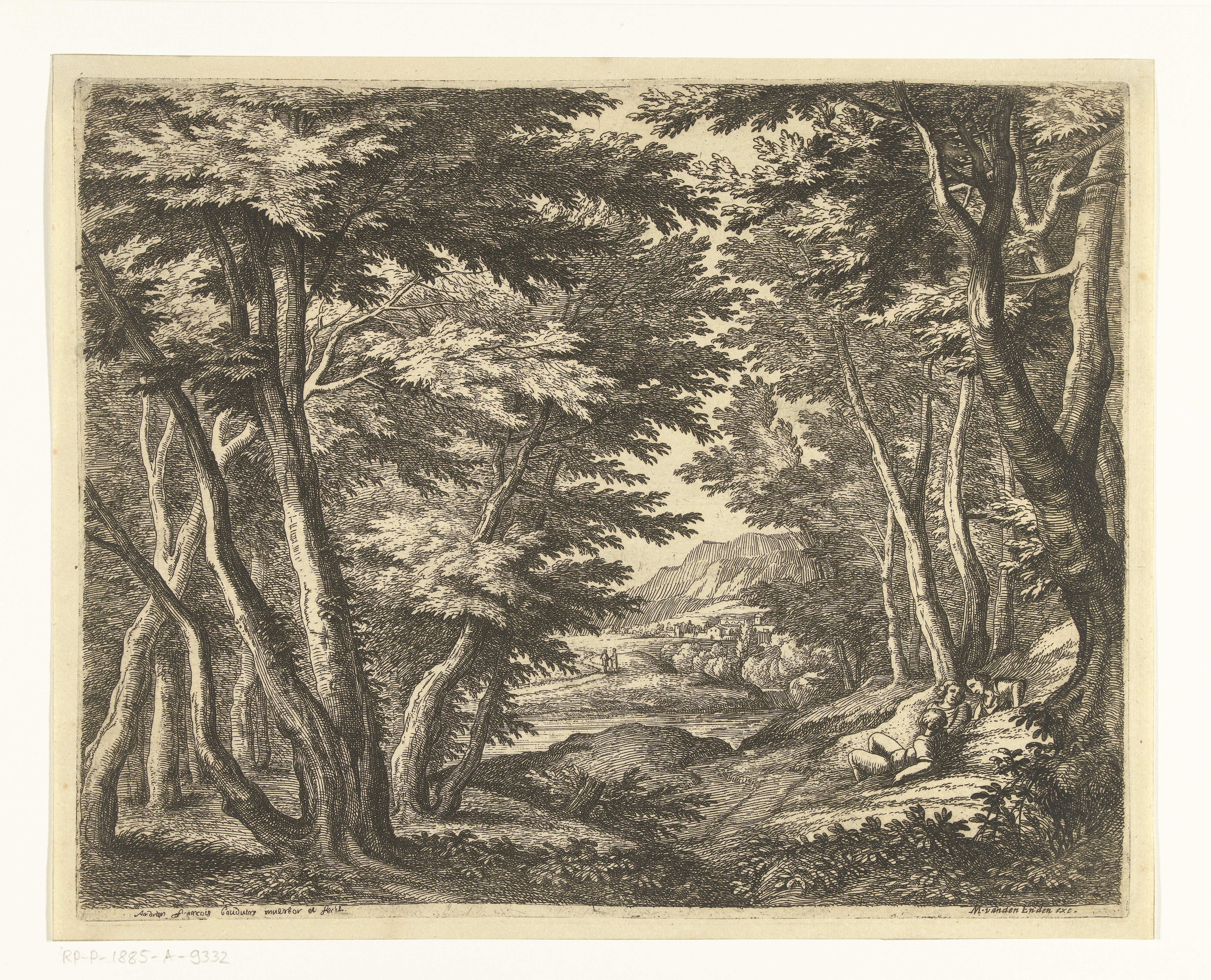 Landschap met drie mannen bij een open plek in het bos