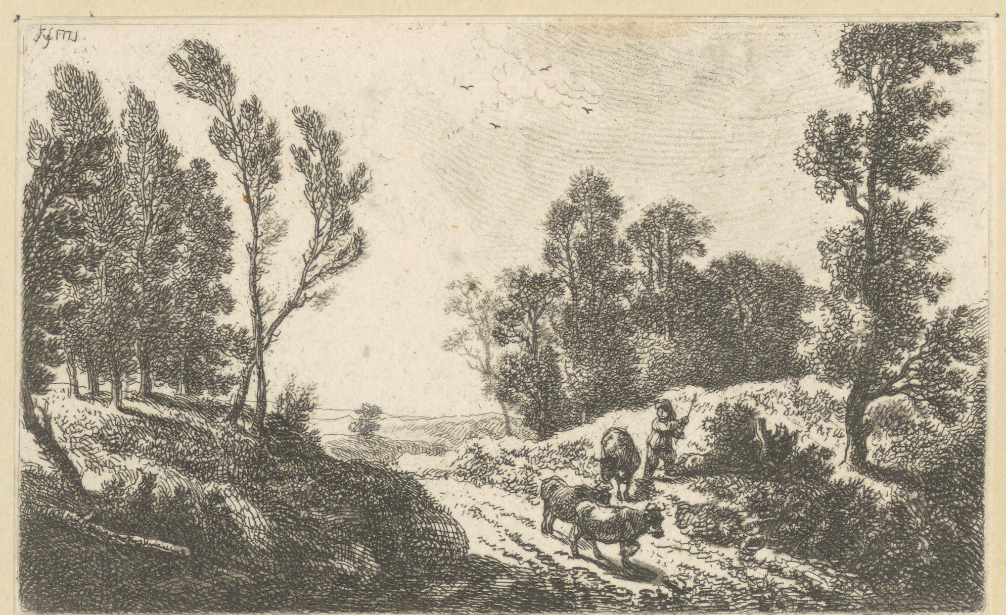 Landschap met herder met drie runderen op een pad tussen bomen