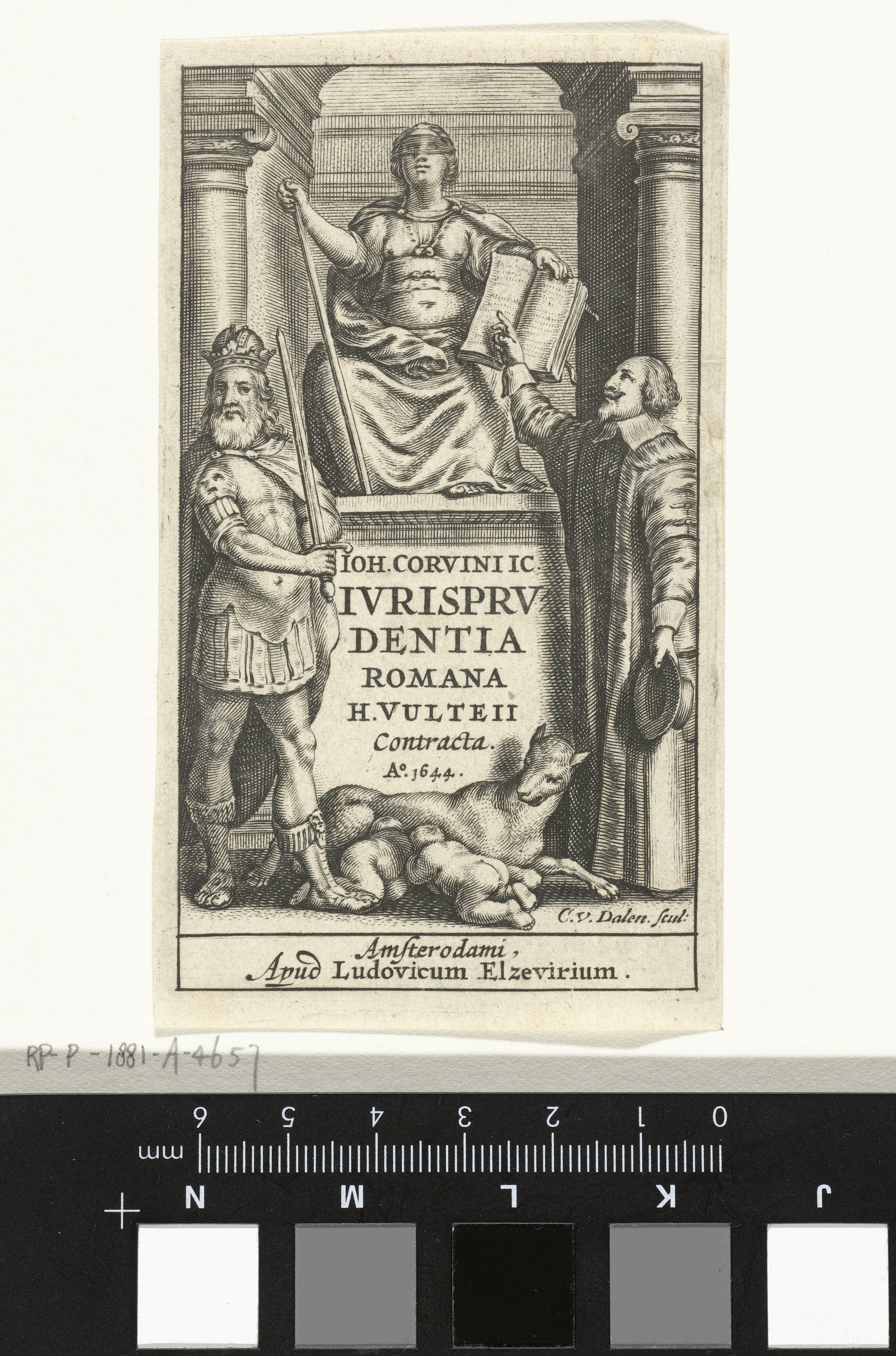 Justitia troont op sokkel tussen geestelijke en keizer, Romulus en Remus worden gezoogd door de wolf