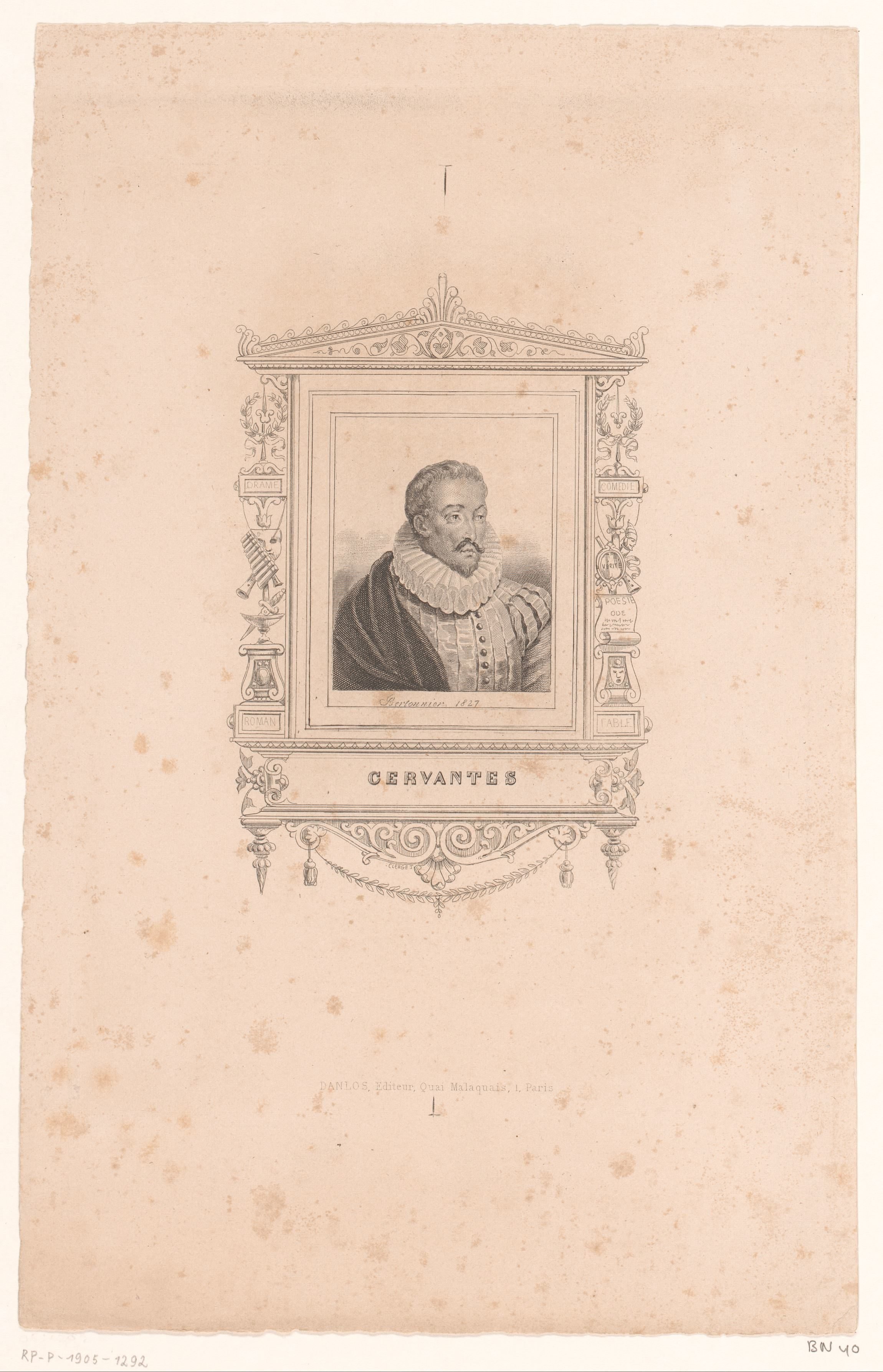Portret van Miguel de Cervantes in een versierde cartouche