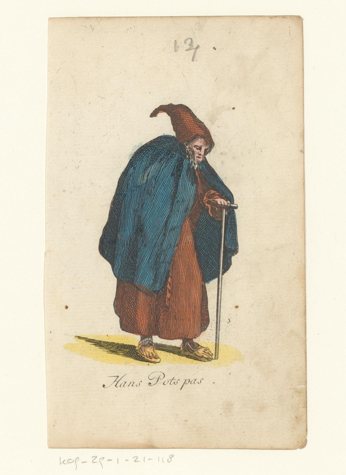 Oude man met punt muts en wandelstok