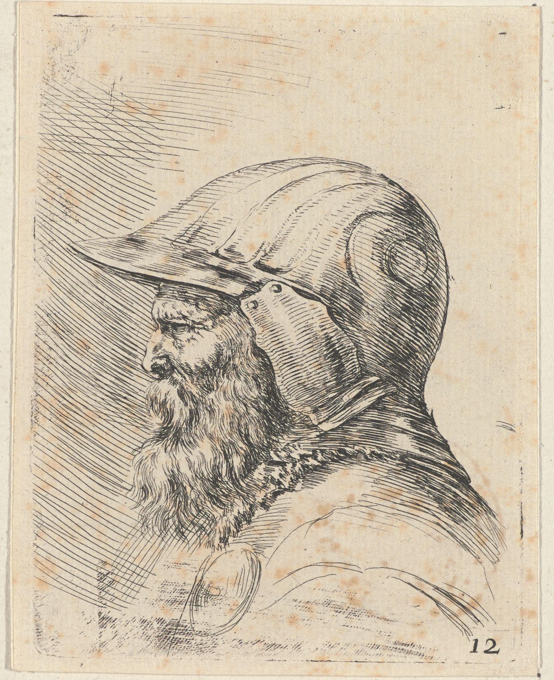 Hoofd van een oude soldaat met baard en helm, in profiel naar links