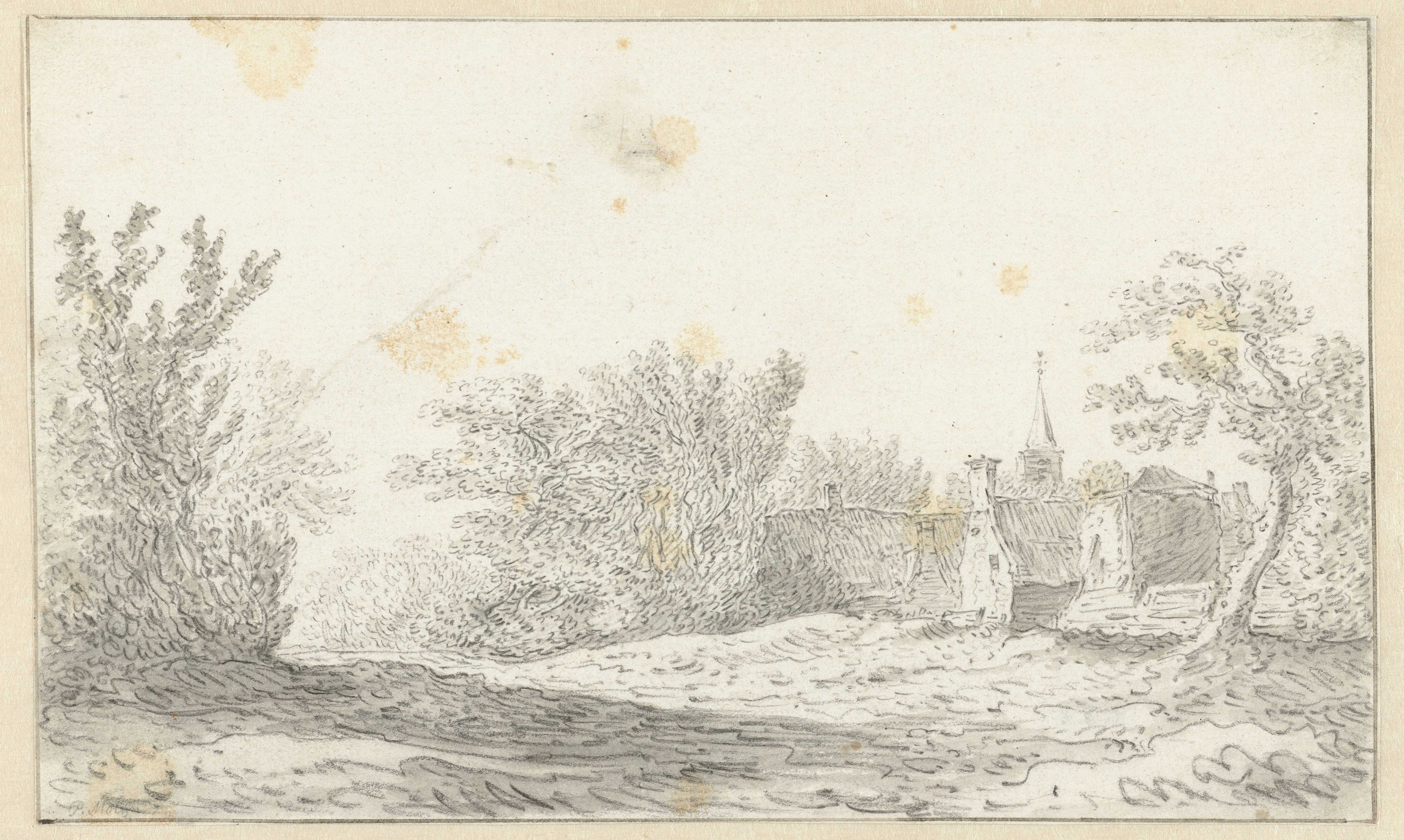 Landschap met enkele huizen en kerktoren van een dorp