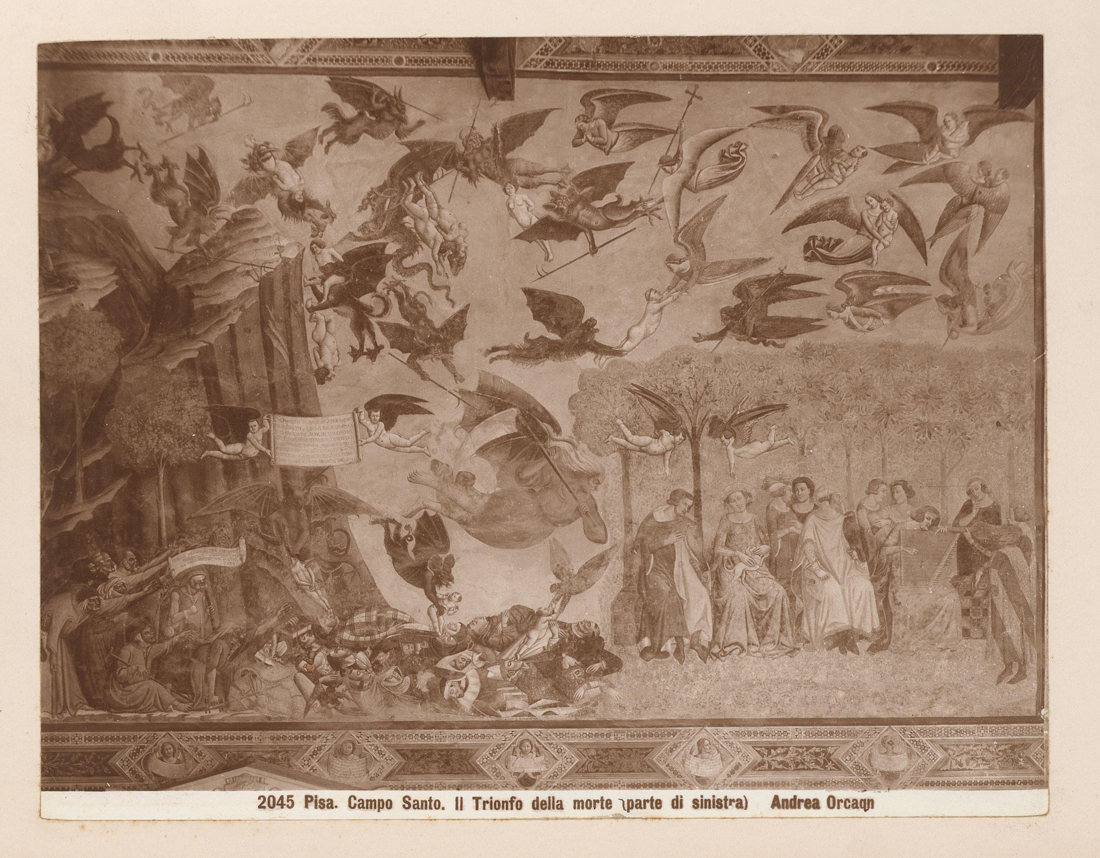 Fotoreproductie van het fresco De triomf der doden naar Andrea di Cione, genaamd Orcagna, in het Camposanto te Pisa, Italië