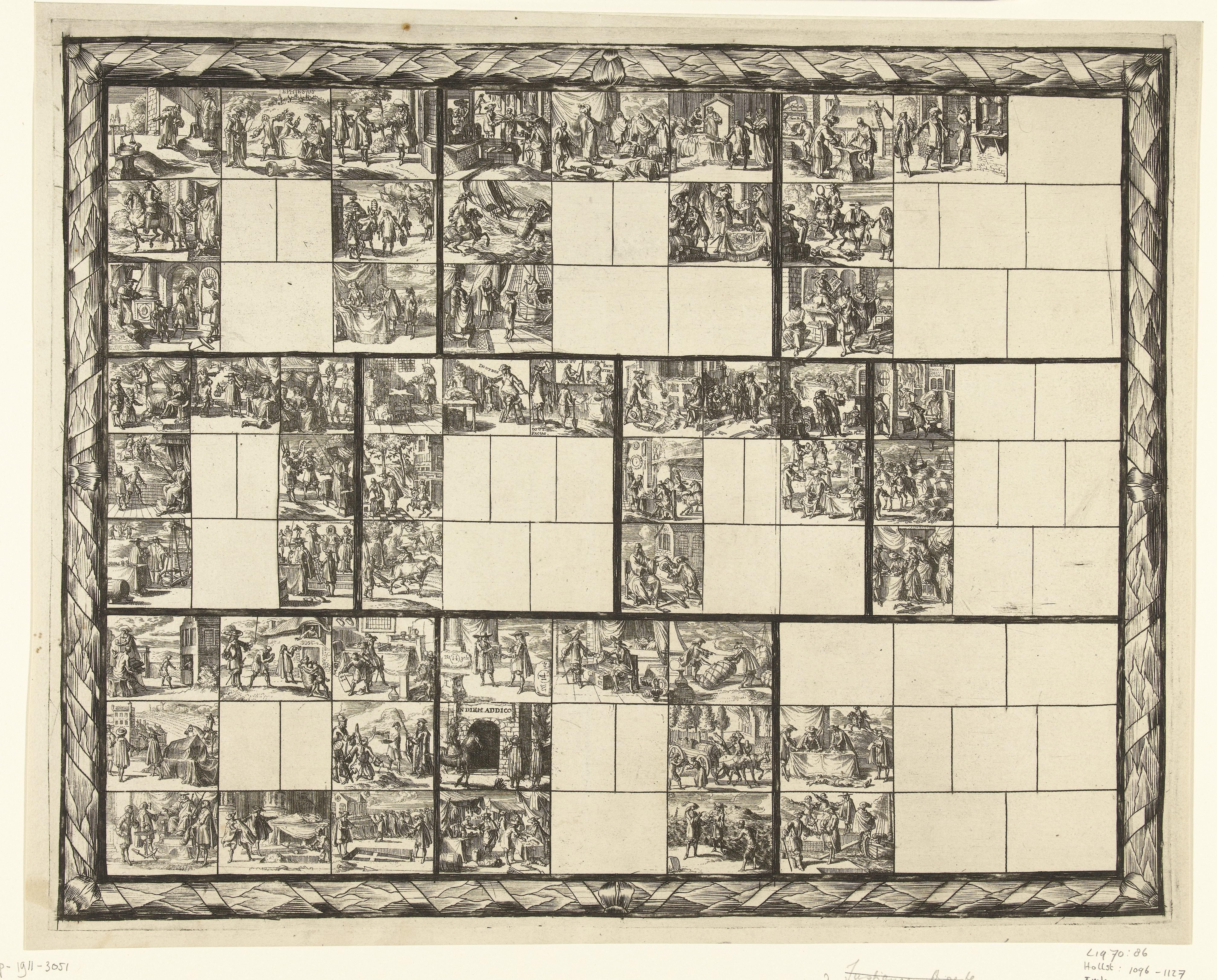 Blad met tientallen kleine voorstellingen van juridische aard (illustraties voor 'Ars magna et admirabilis (...) Pandectarum tituli (...) ope figurarum emblematicarum'?)