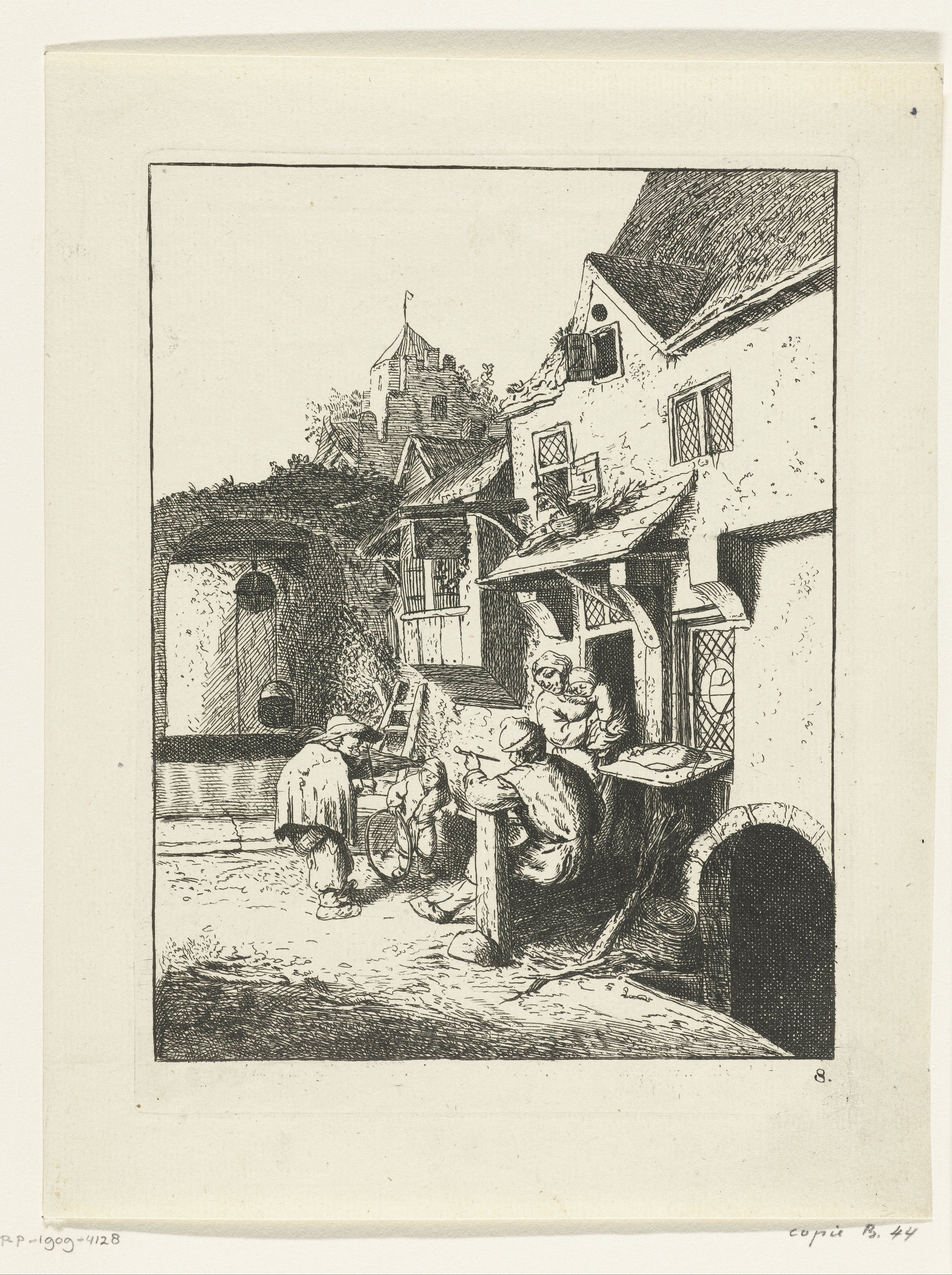 Gebochelde vioolspeler voor een herberg