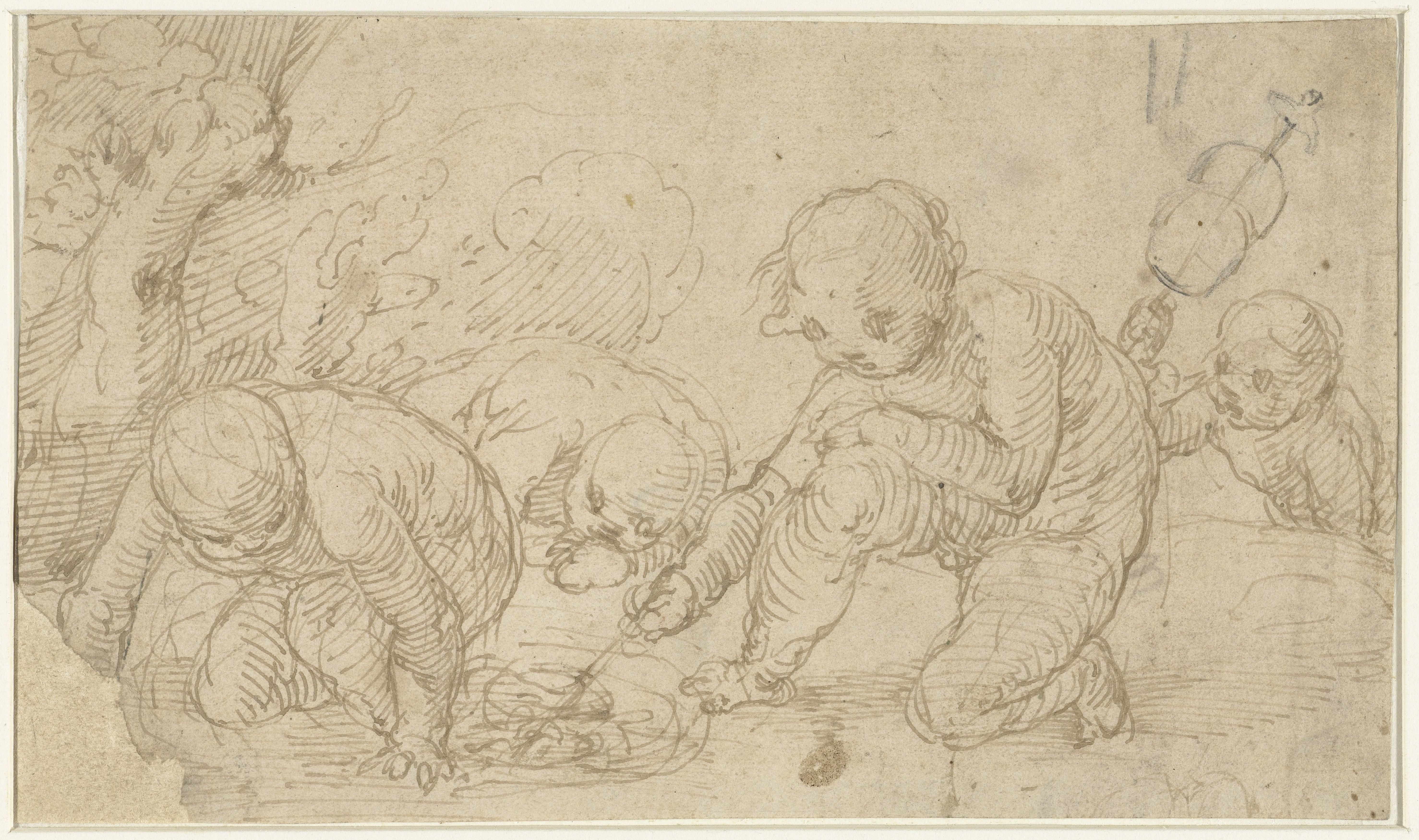 Putti, bezig een vuurtje te maken