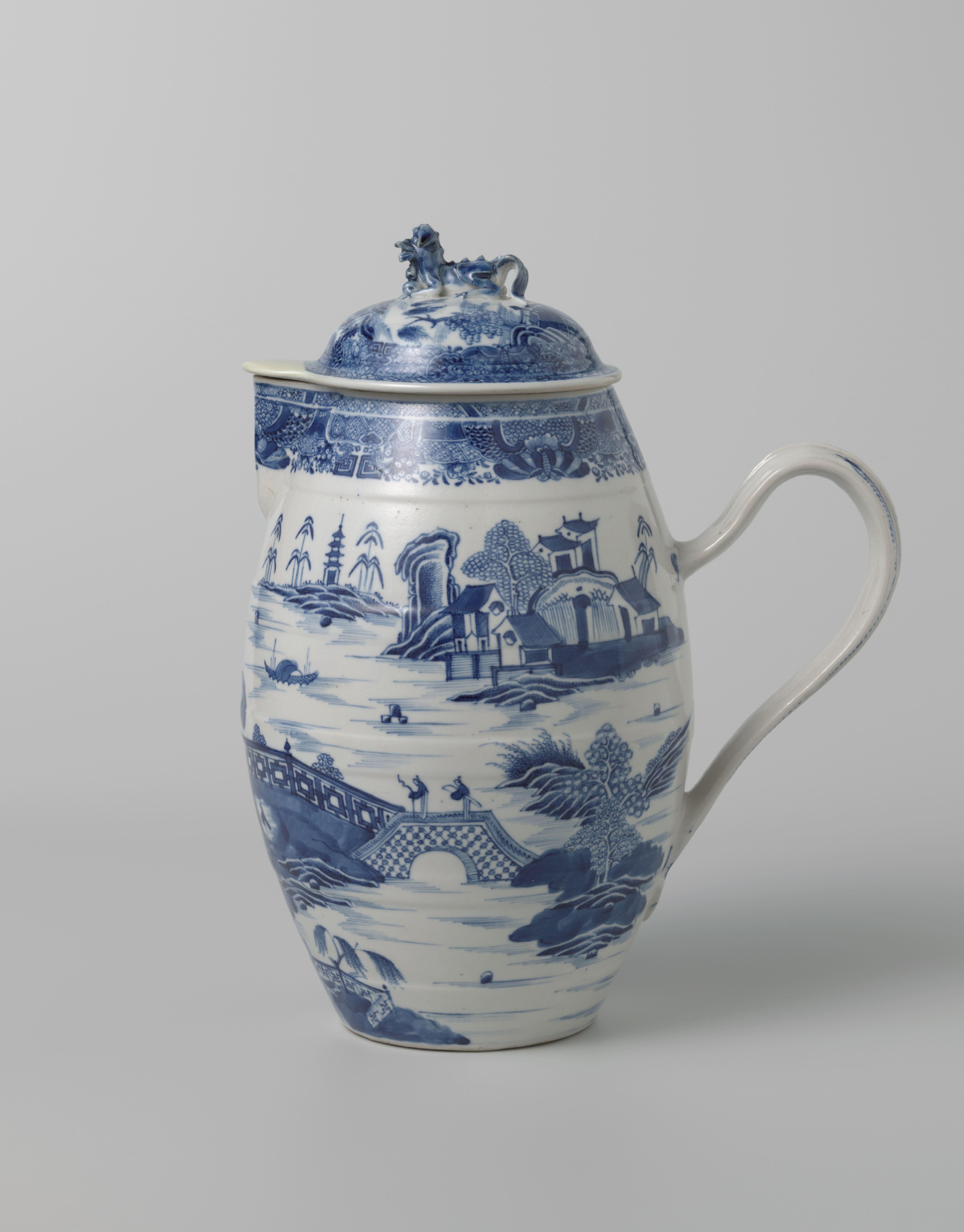 Pitcher with a riverlandscape with large pavilion and figures