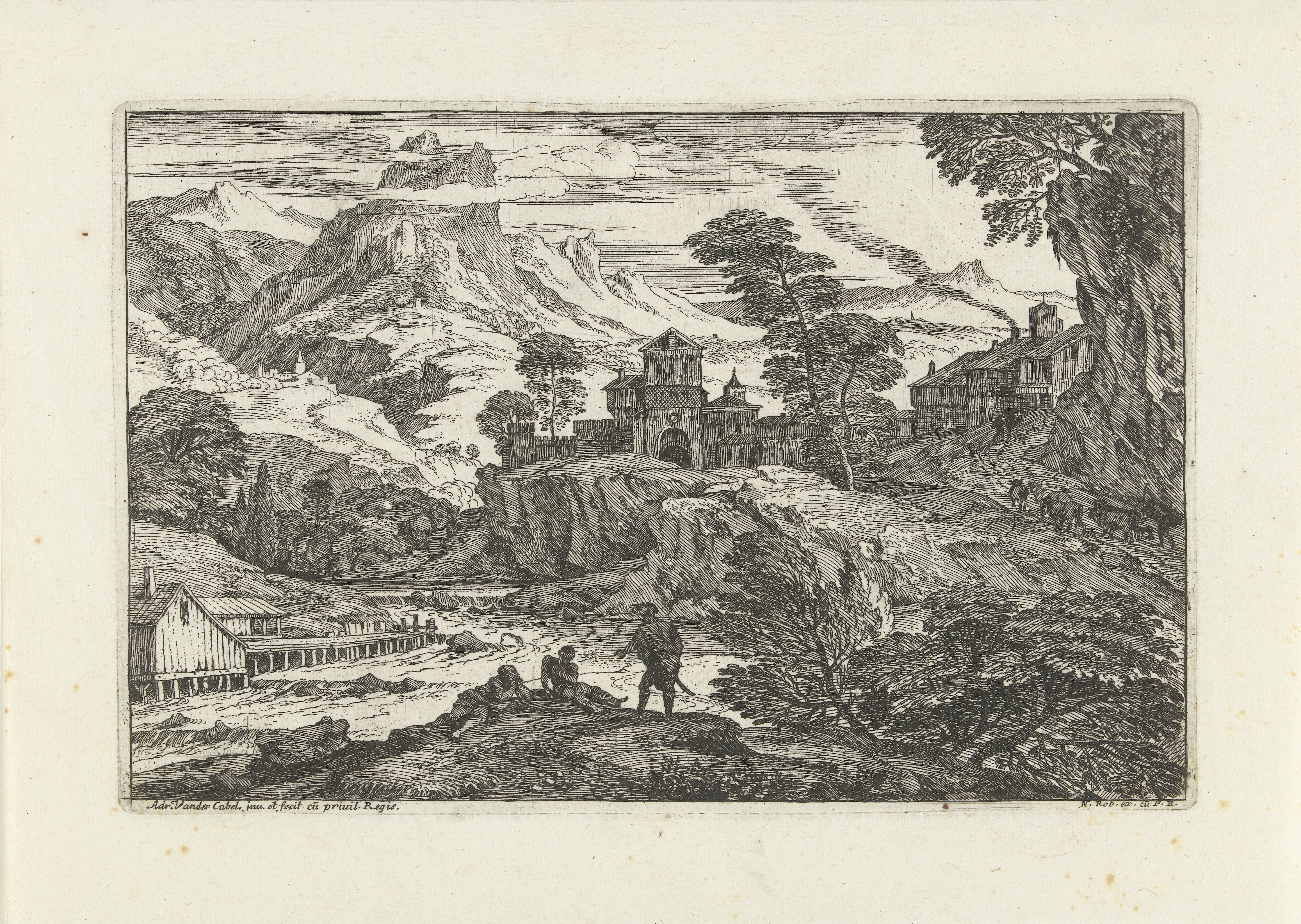 Landschap met drie personen aan rivieroever