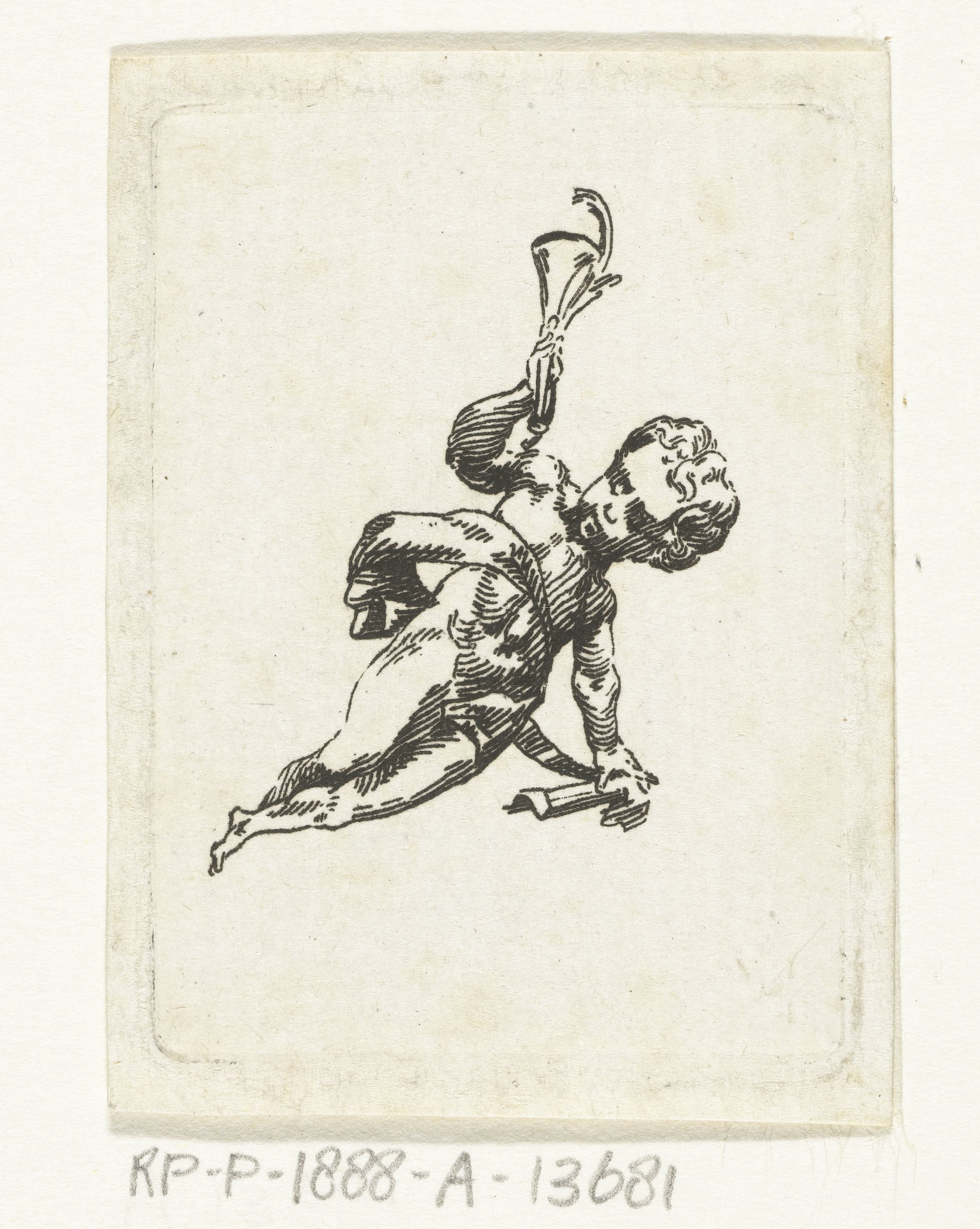 Vignet met putto met trompet en palmtak