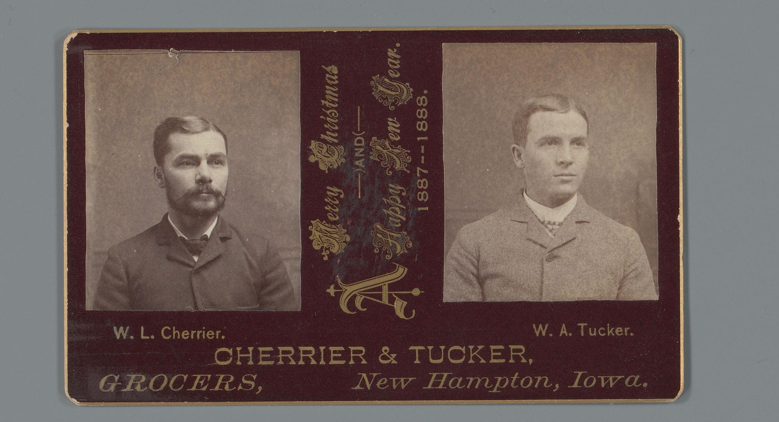 Reclame voor Cherrier & Tucker kruideniers met kerstwens en portretten van W.L. Cherrier en W.A. Tucker