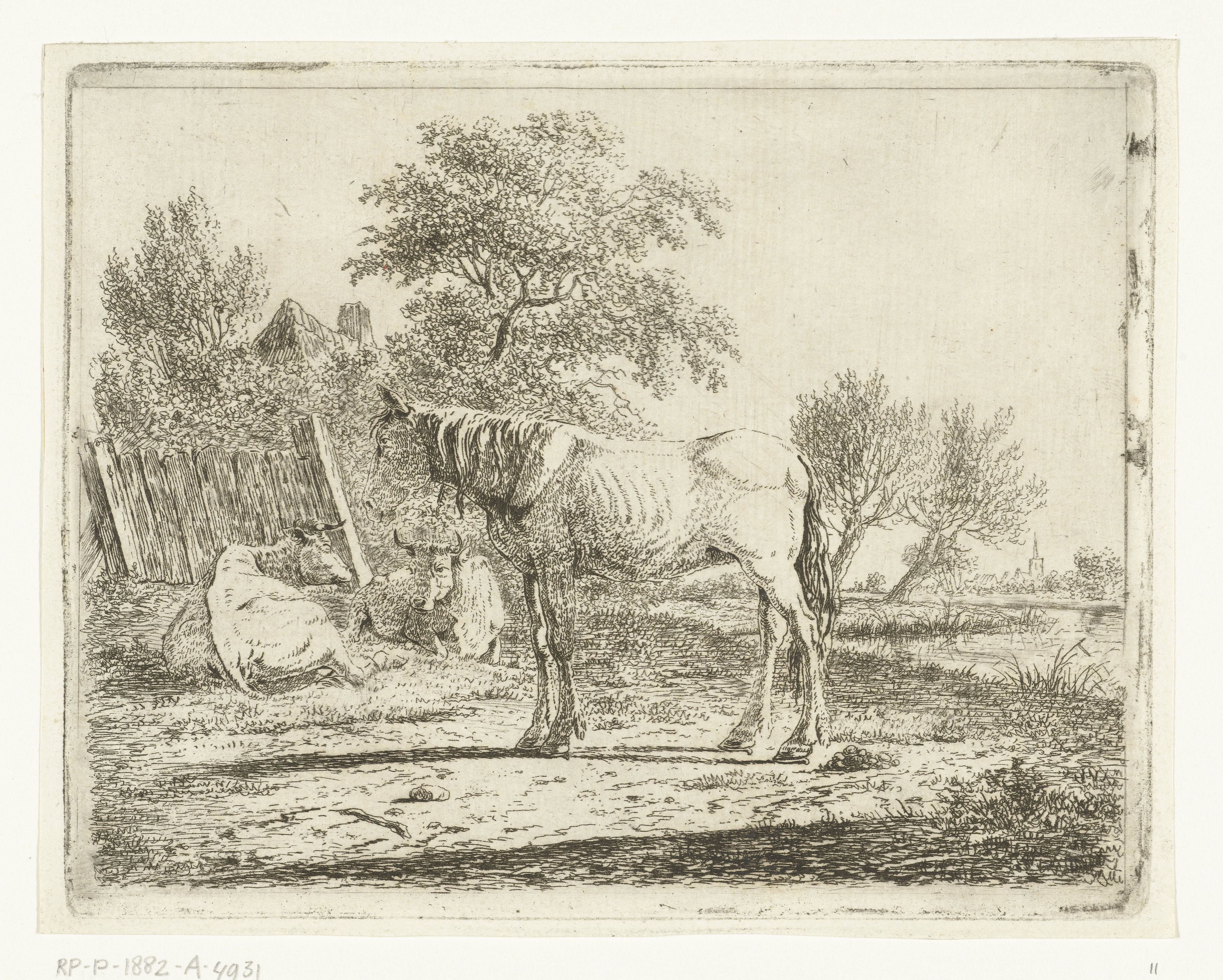 Landschap met paard en twee koeien bij boerderij aan water