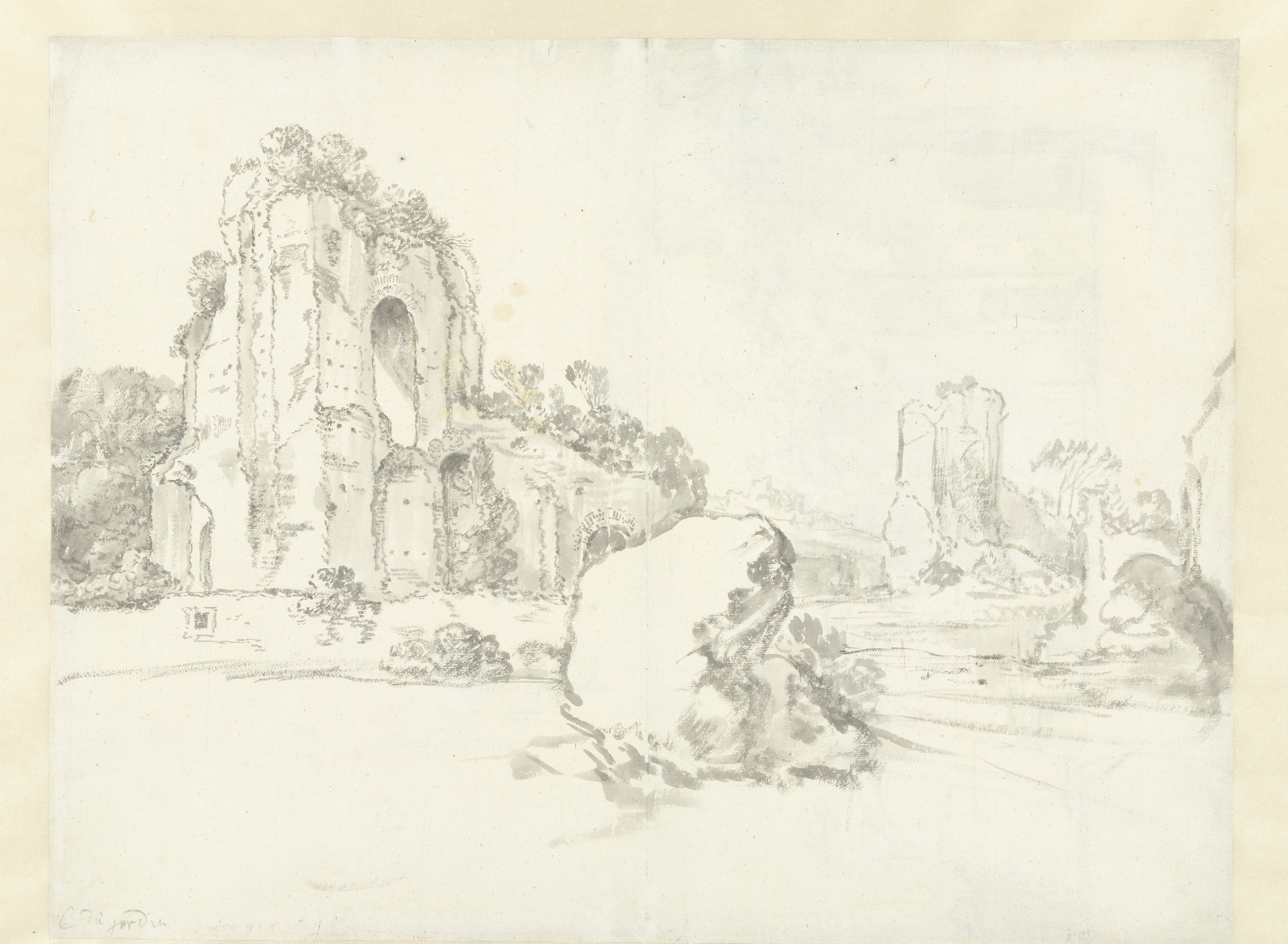 View of the Baths of Caracalla, Rome, with a Large Boulder in the Foreground / verso: View of Classical Ruins