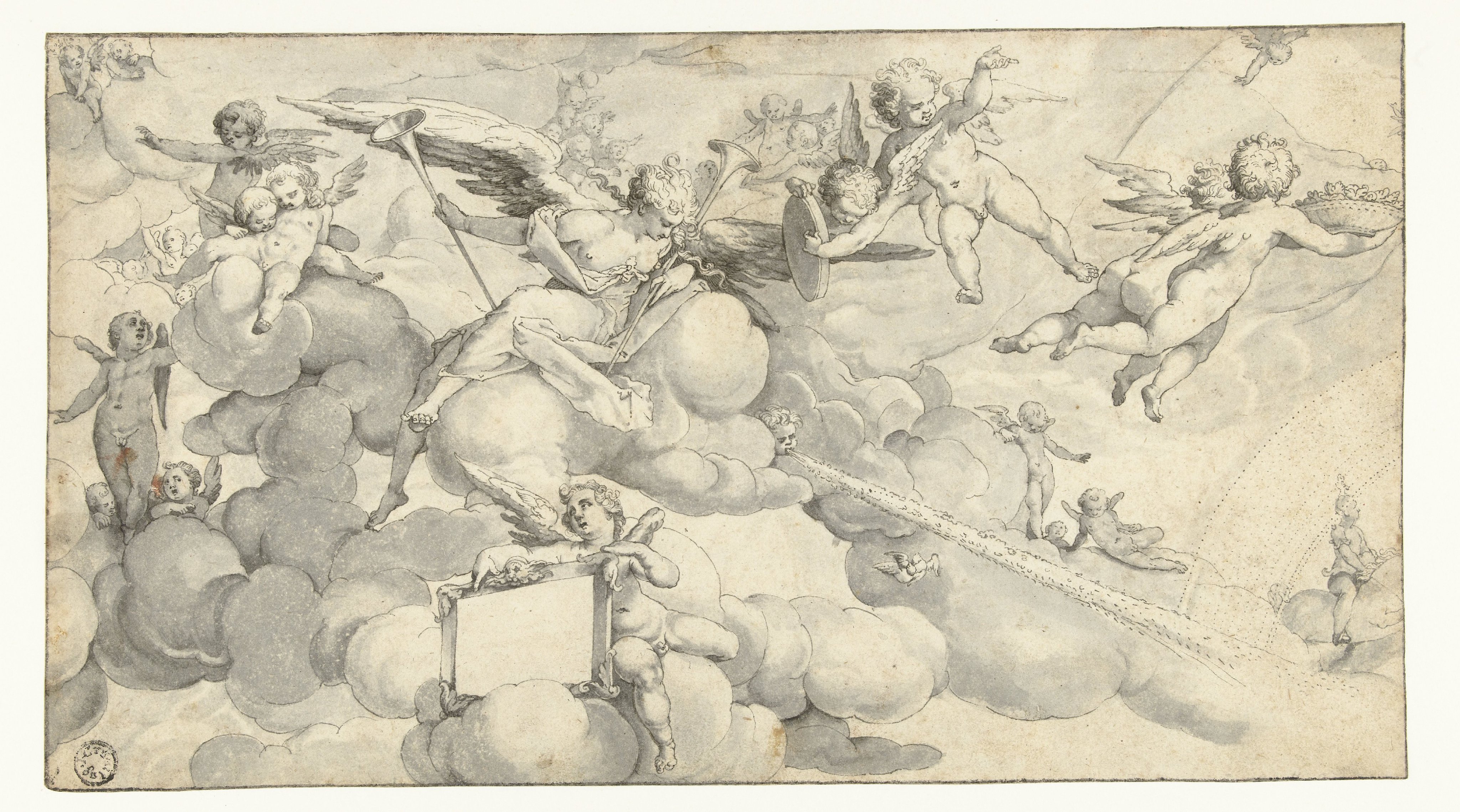 Putti en engel met cartouche