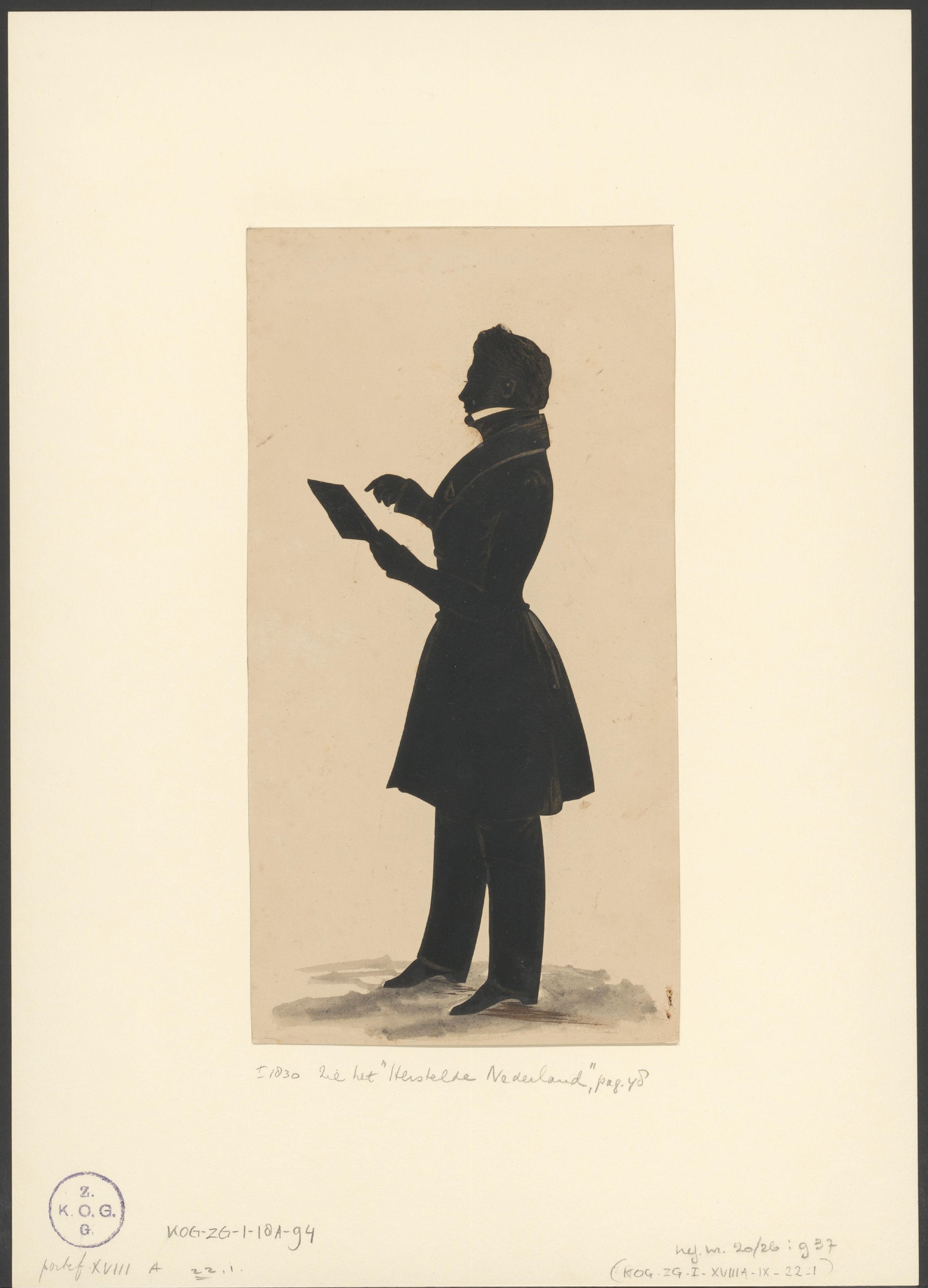Silhouetportret van een Daniël Théodore Gevers van Endegeest, ten voeten uit