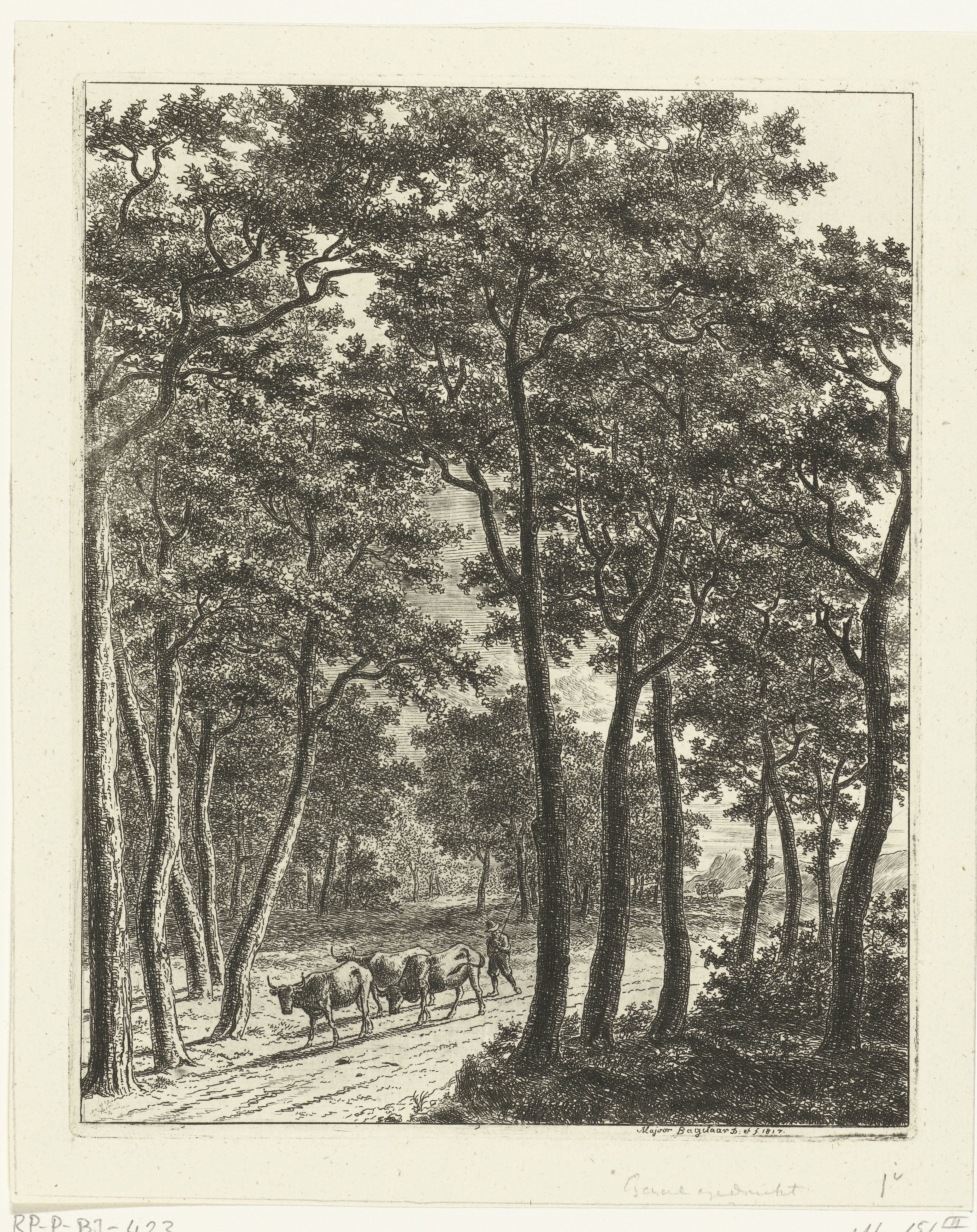 Boslandschap met een herder en drie koeien