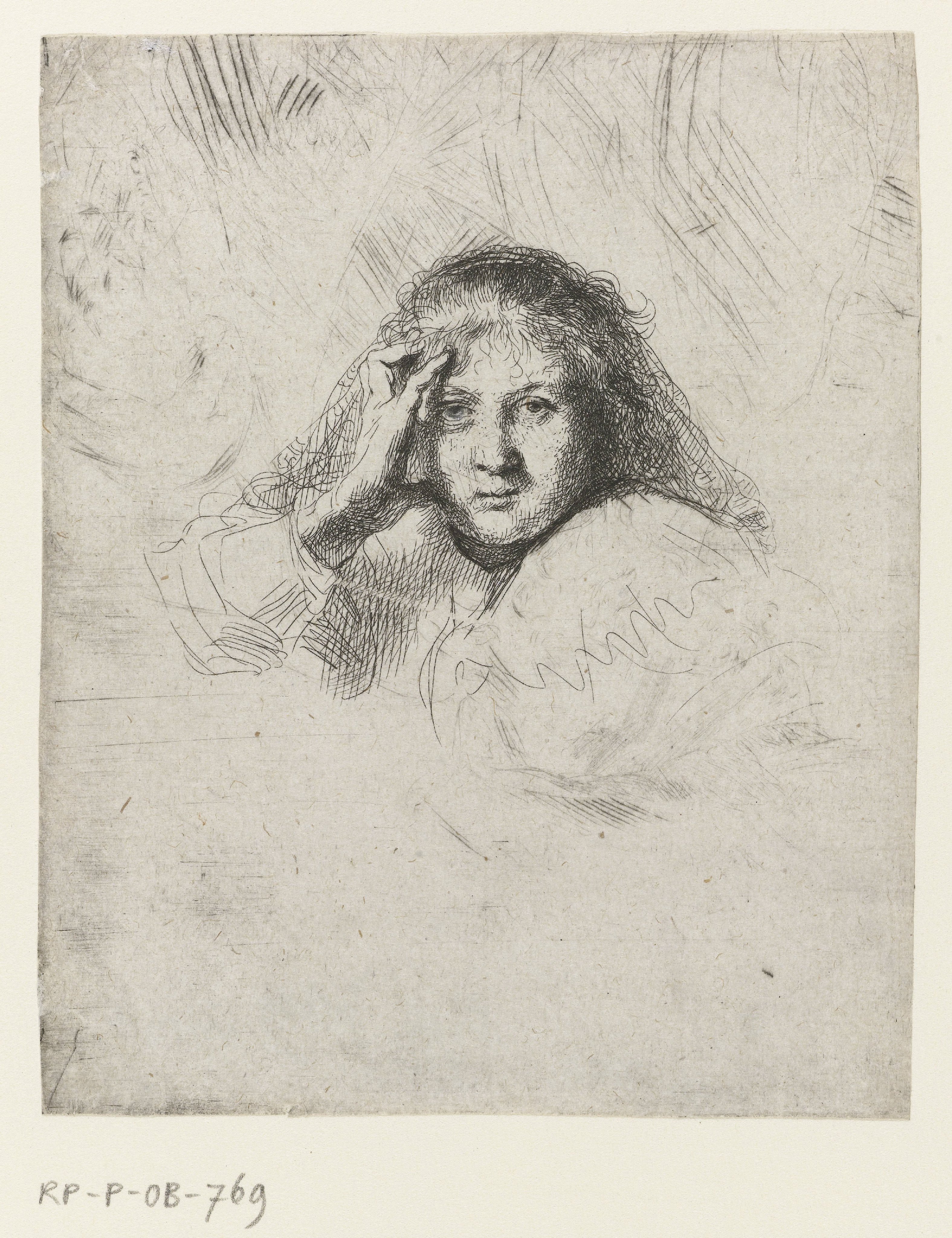 Three heads of women, one lightly etched