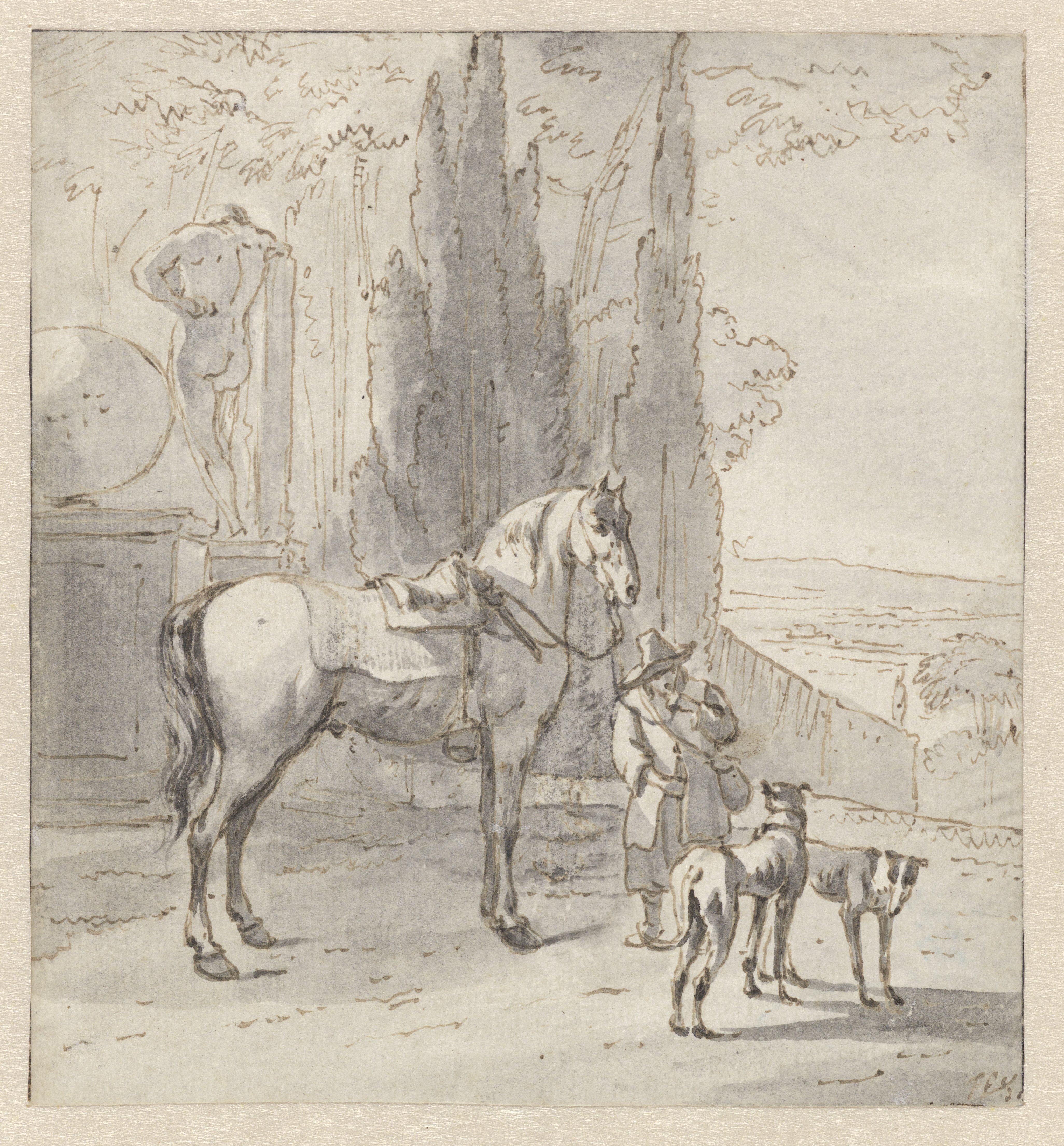 Man met een paard en twee honden bij een park
