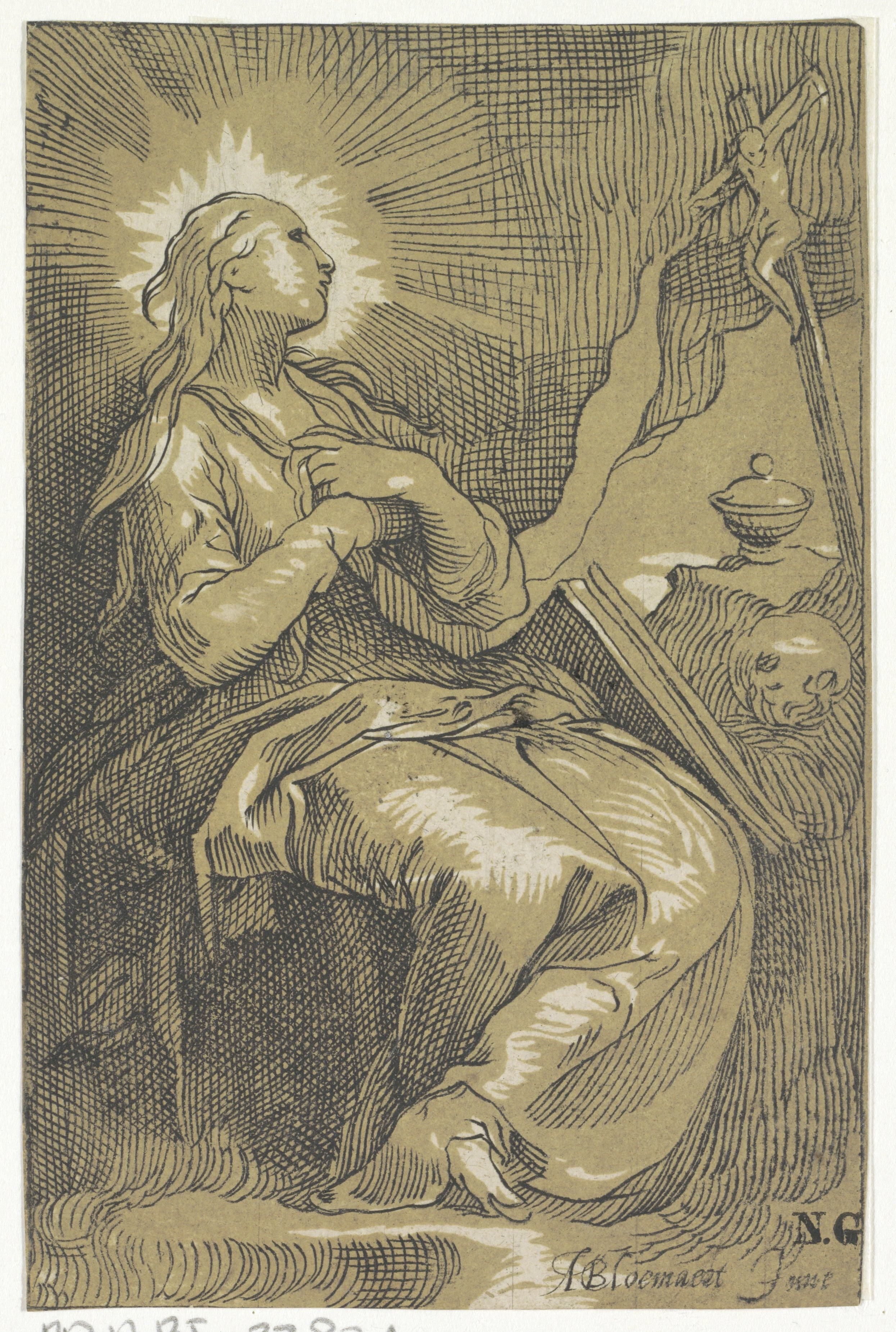 Boetvaardige Maria Magdalena in de grot voor een crucifix