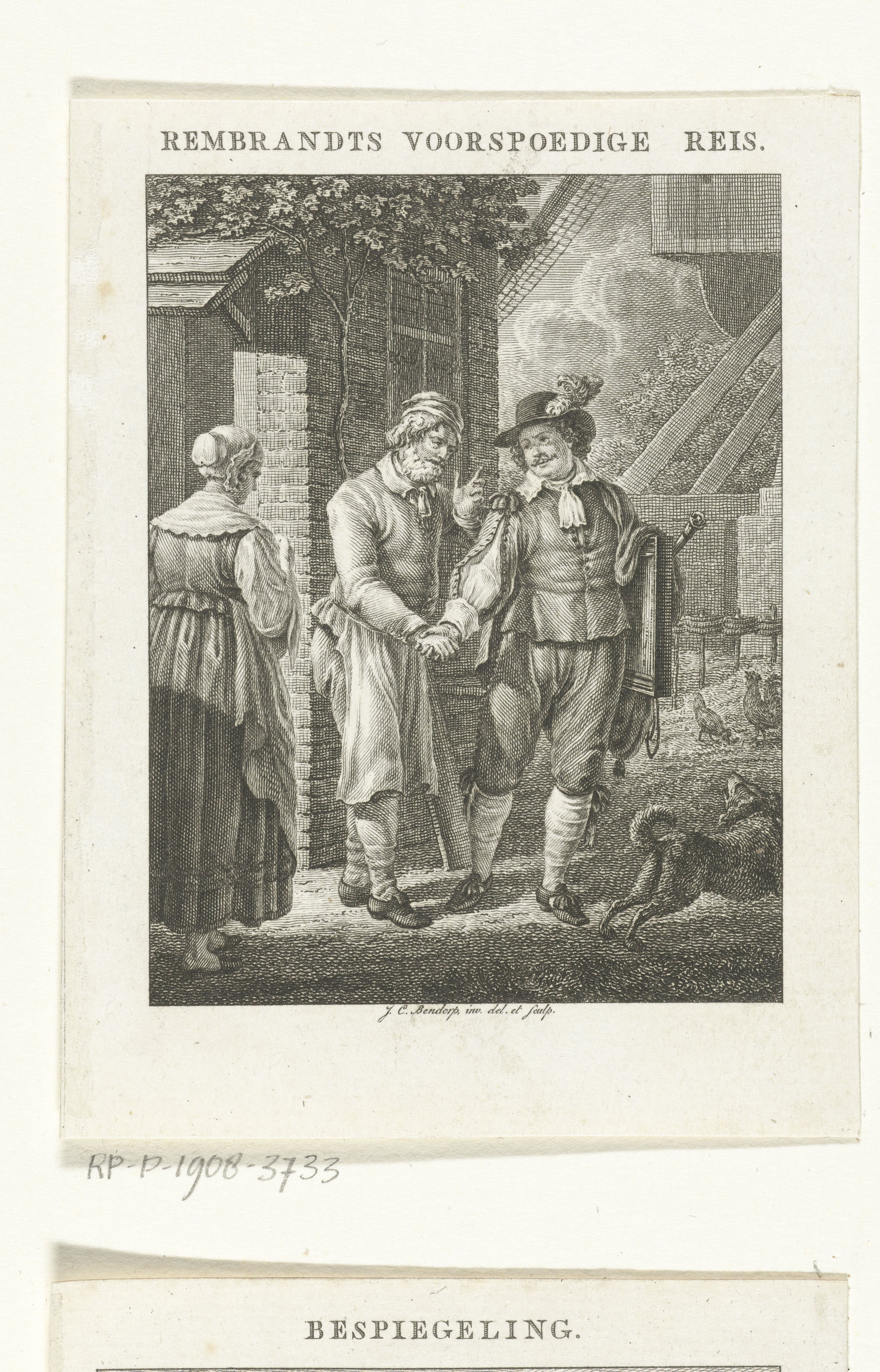 Rembrandt Harmensz. van Rijn met schildersmaterialen onder zijn arm geeft oude man hand