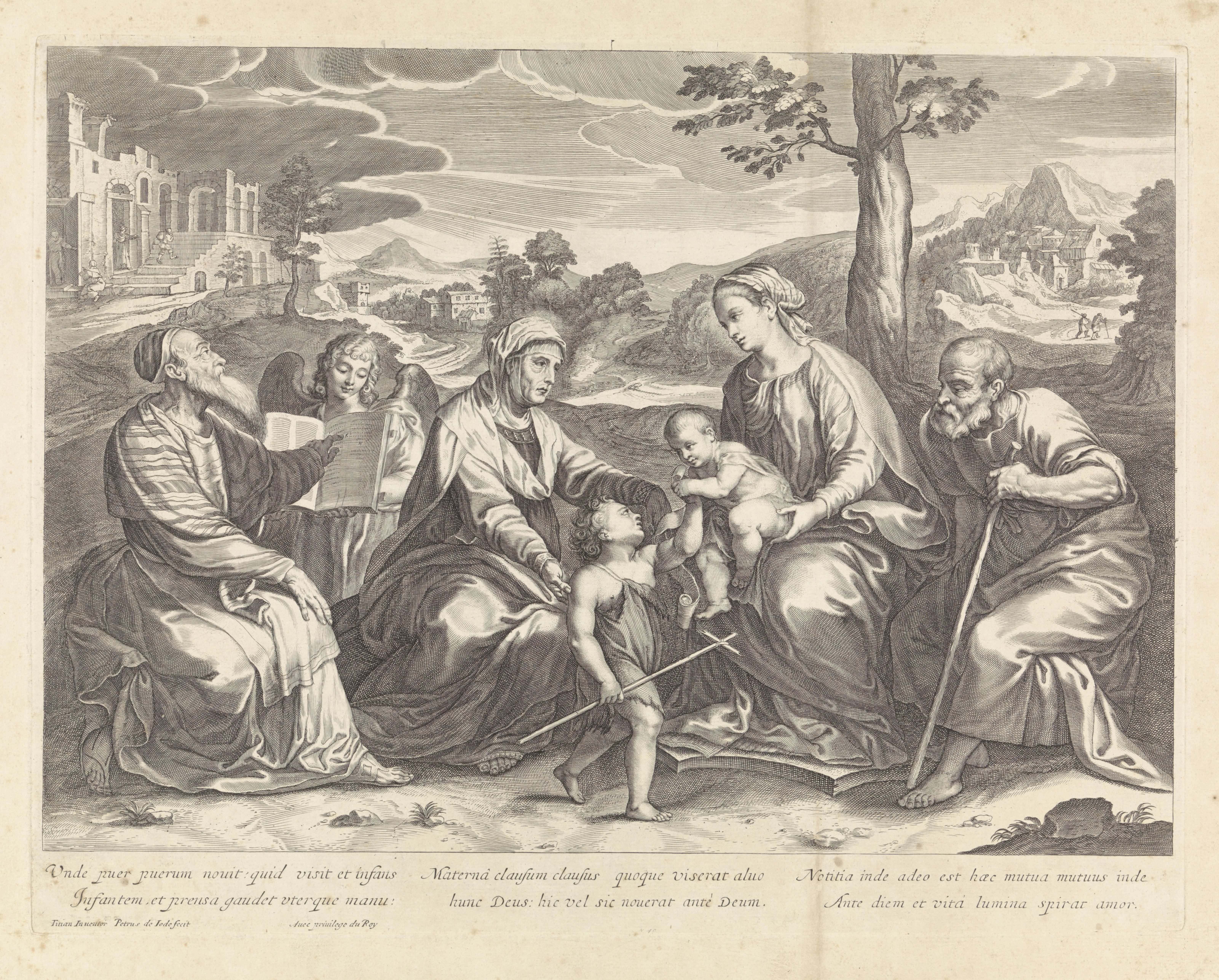 Landschap met Heilige Familie en andere heiligen