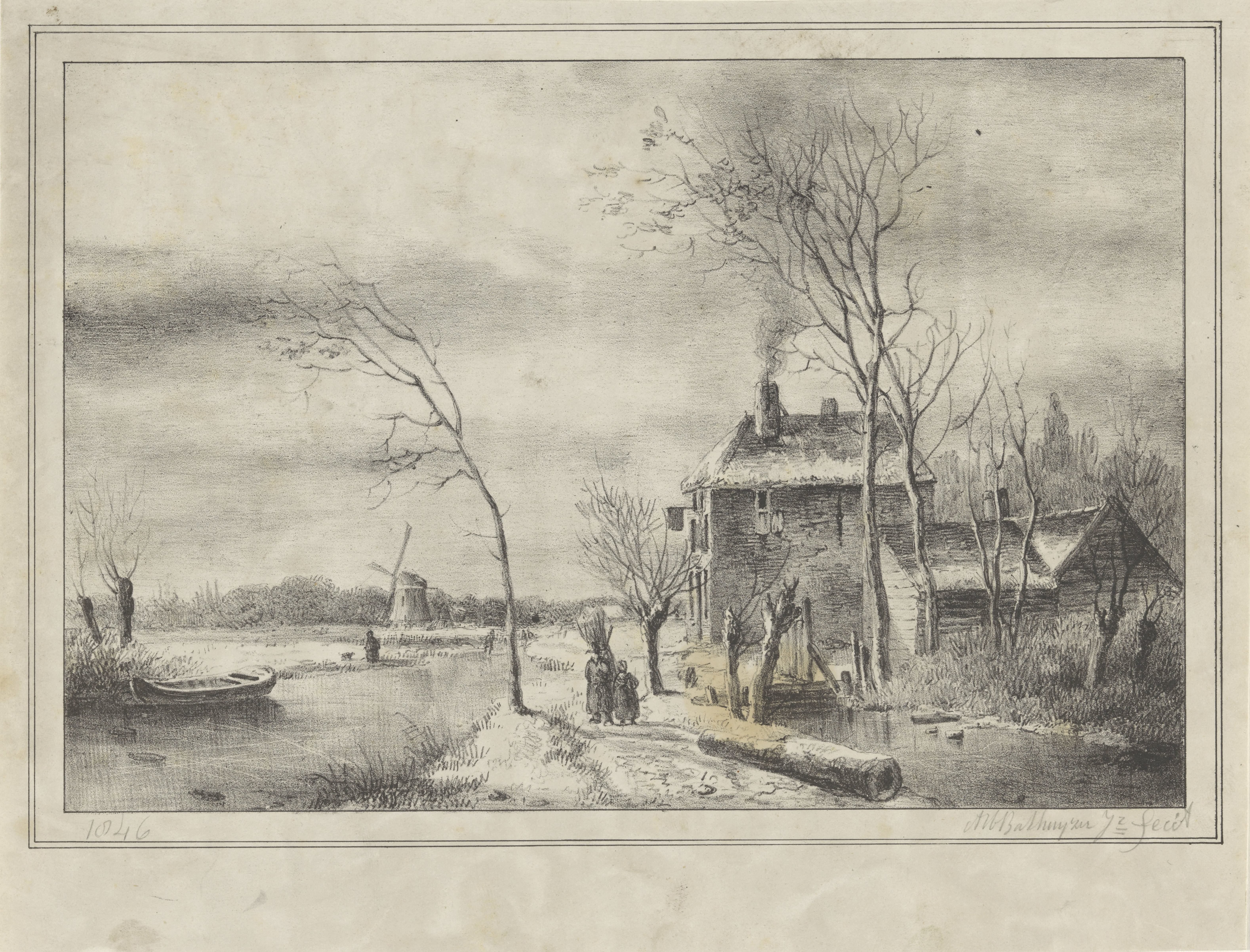 Winterlandschap met huis en sloot