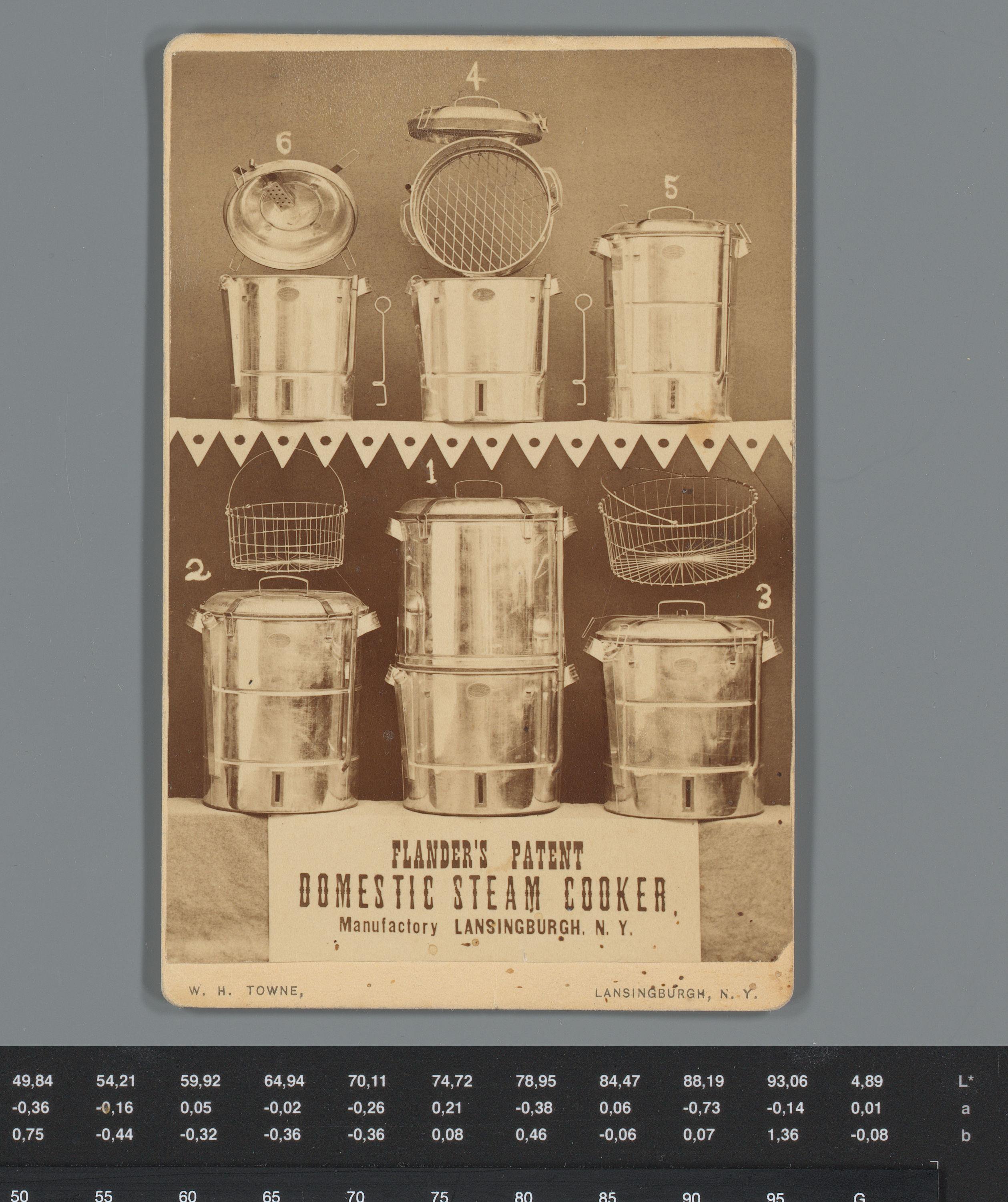 Zes kookpotten van Flander's Patent Domestic Steam Cooker Manufactury in Lansingburgh, New York