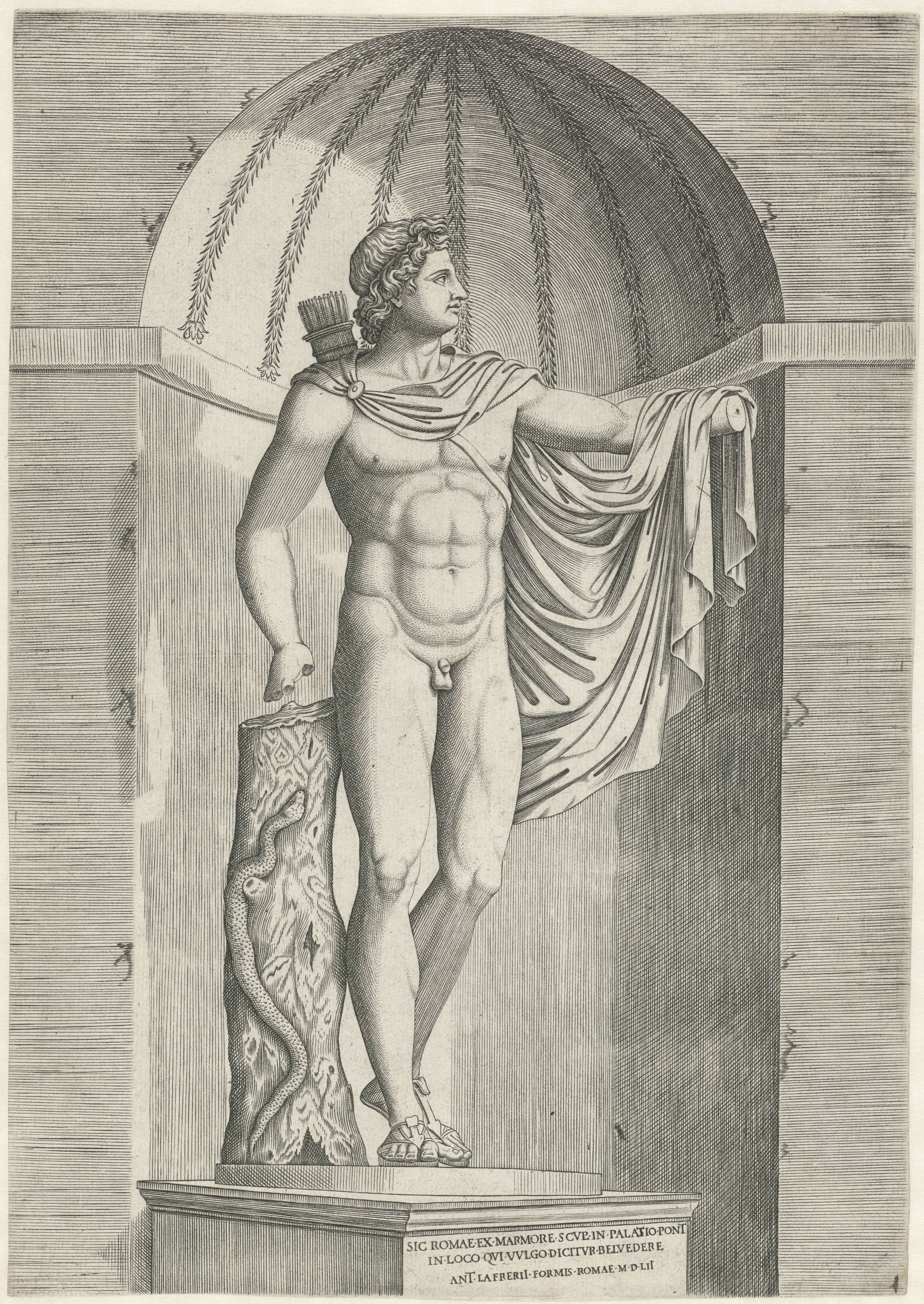 Klassiek beeld Apollo Belvedere in nis