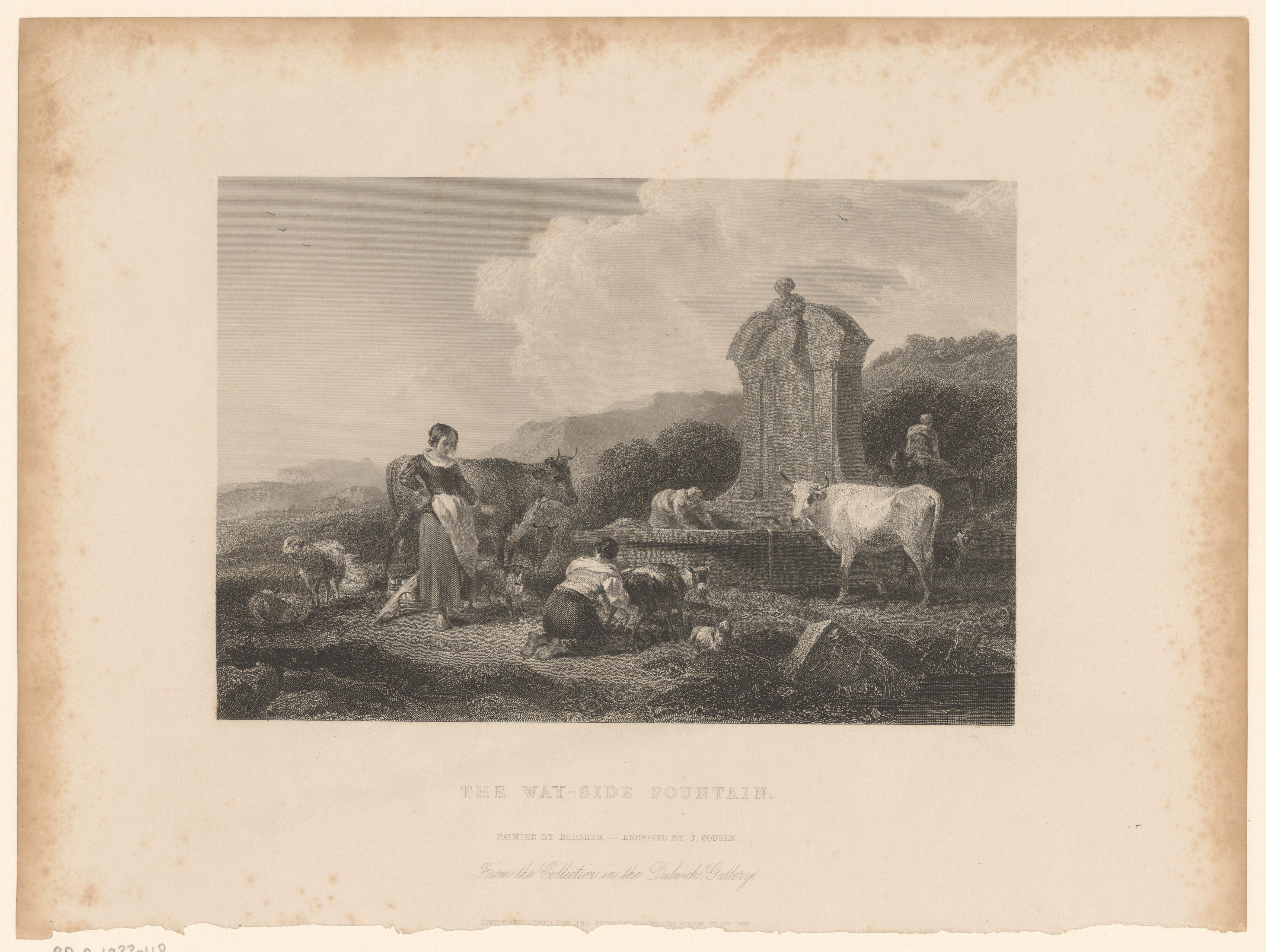 Landschap met drie herderinnen met koeien en schapen bij een fontein