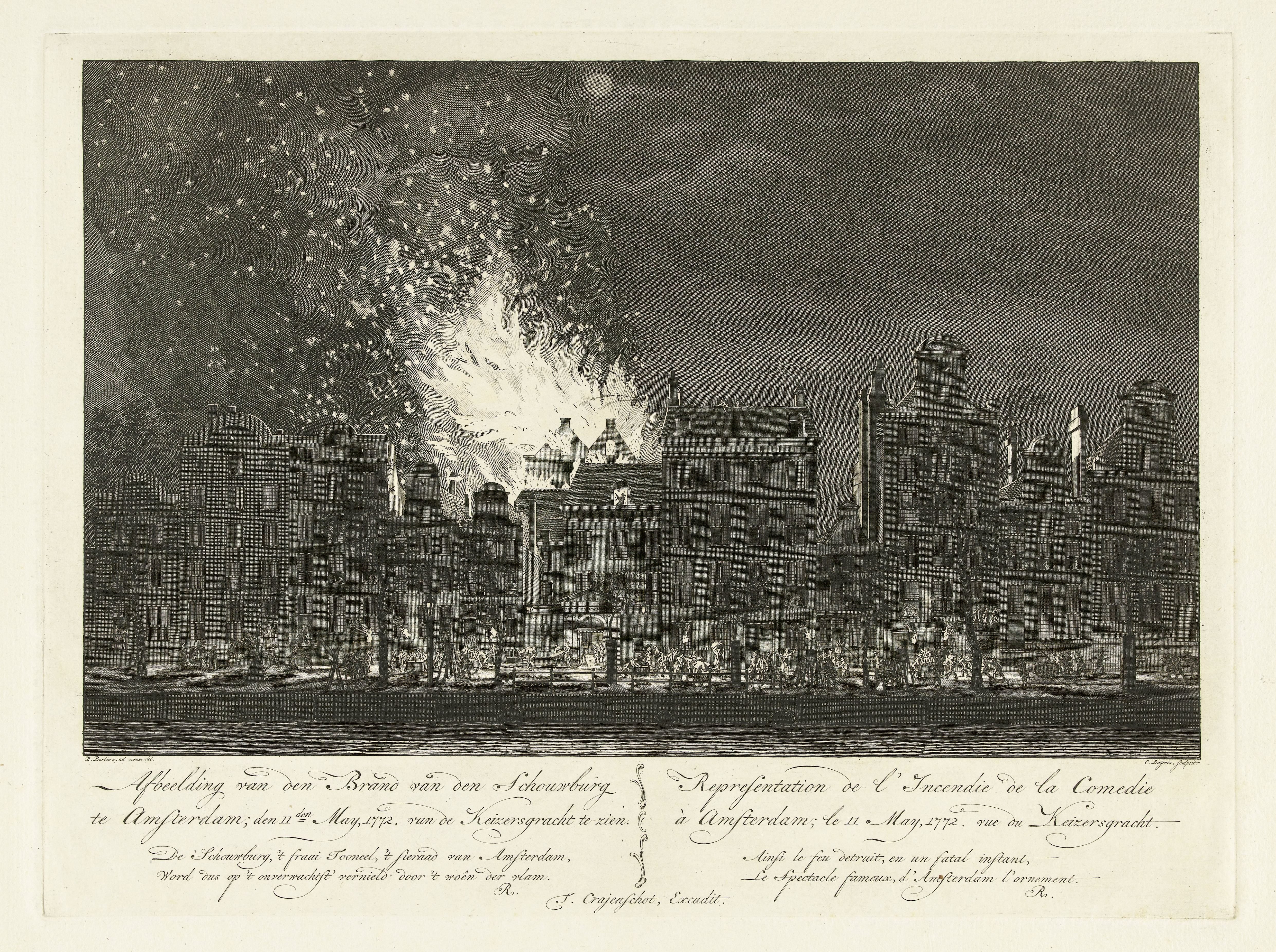 Brand van de schouwburg aan de Keizersgracht te Amsterdam gezien vanaf de overzijde, 1772