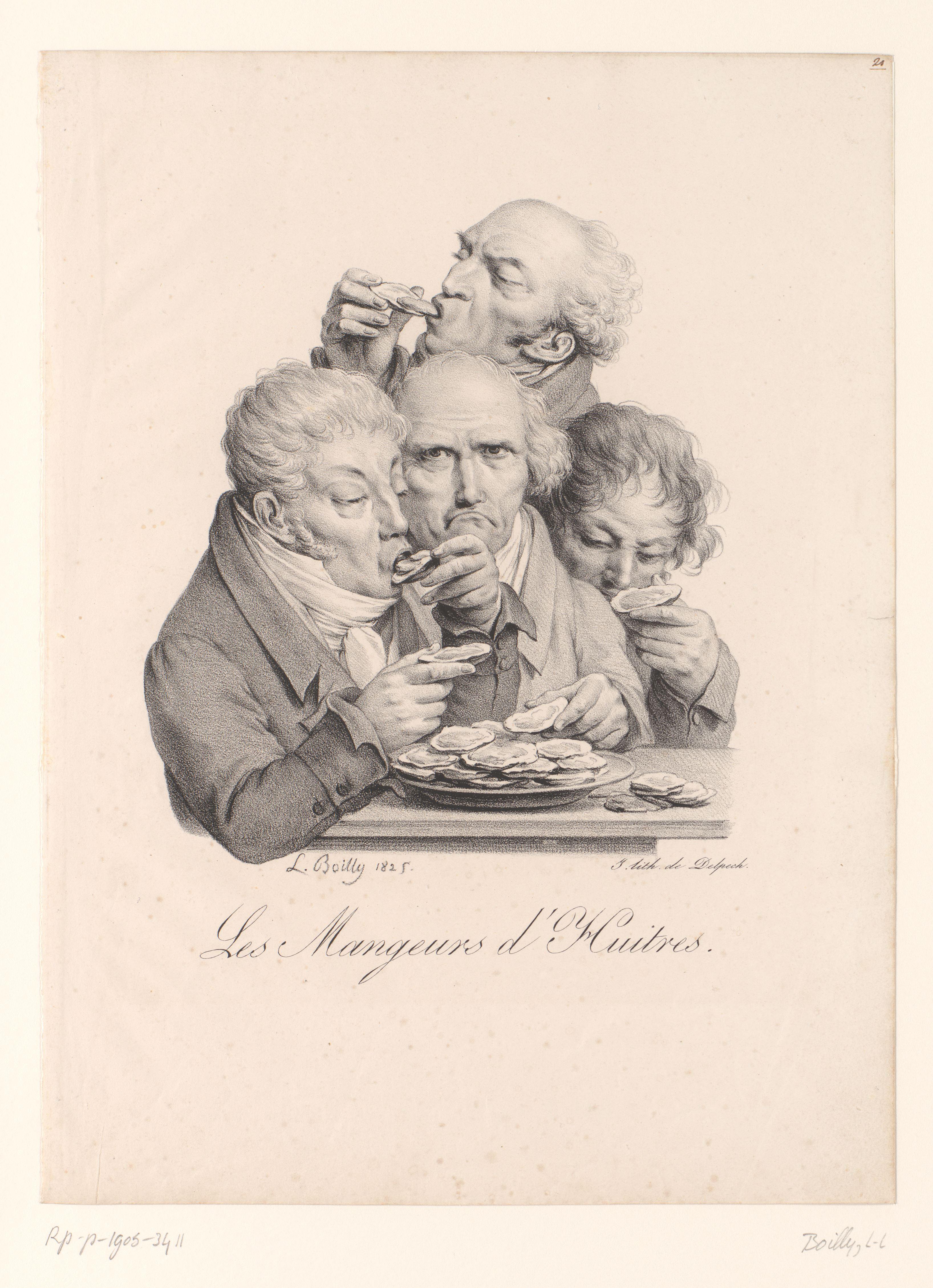 Karikatuur van vier mannen die oesters eten