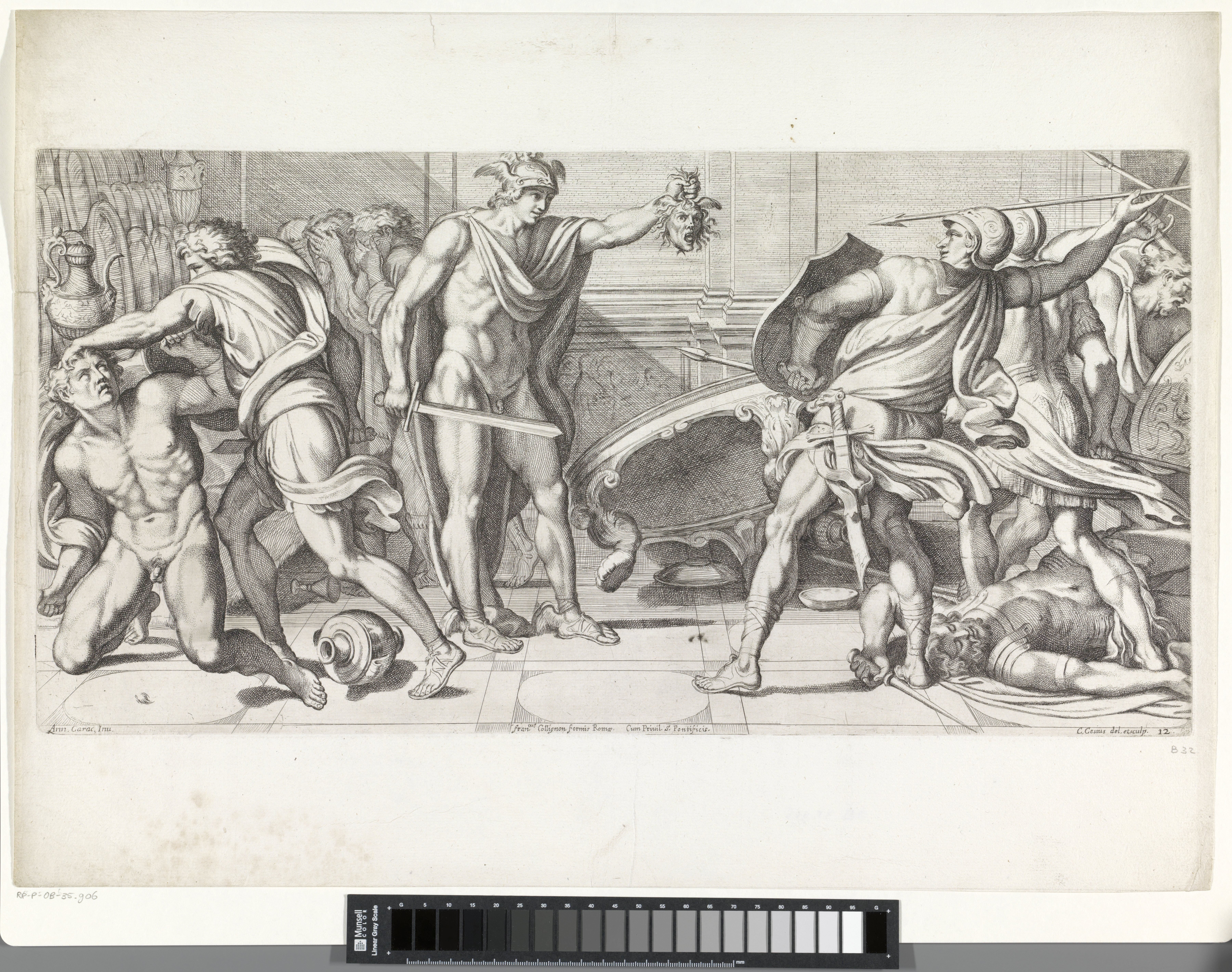 Perseus verandert zijn vijanden in steen met het hoofd van Medusa