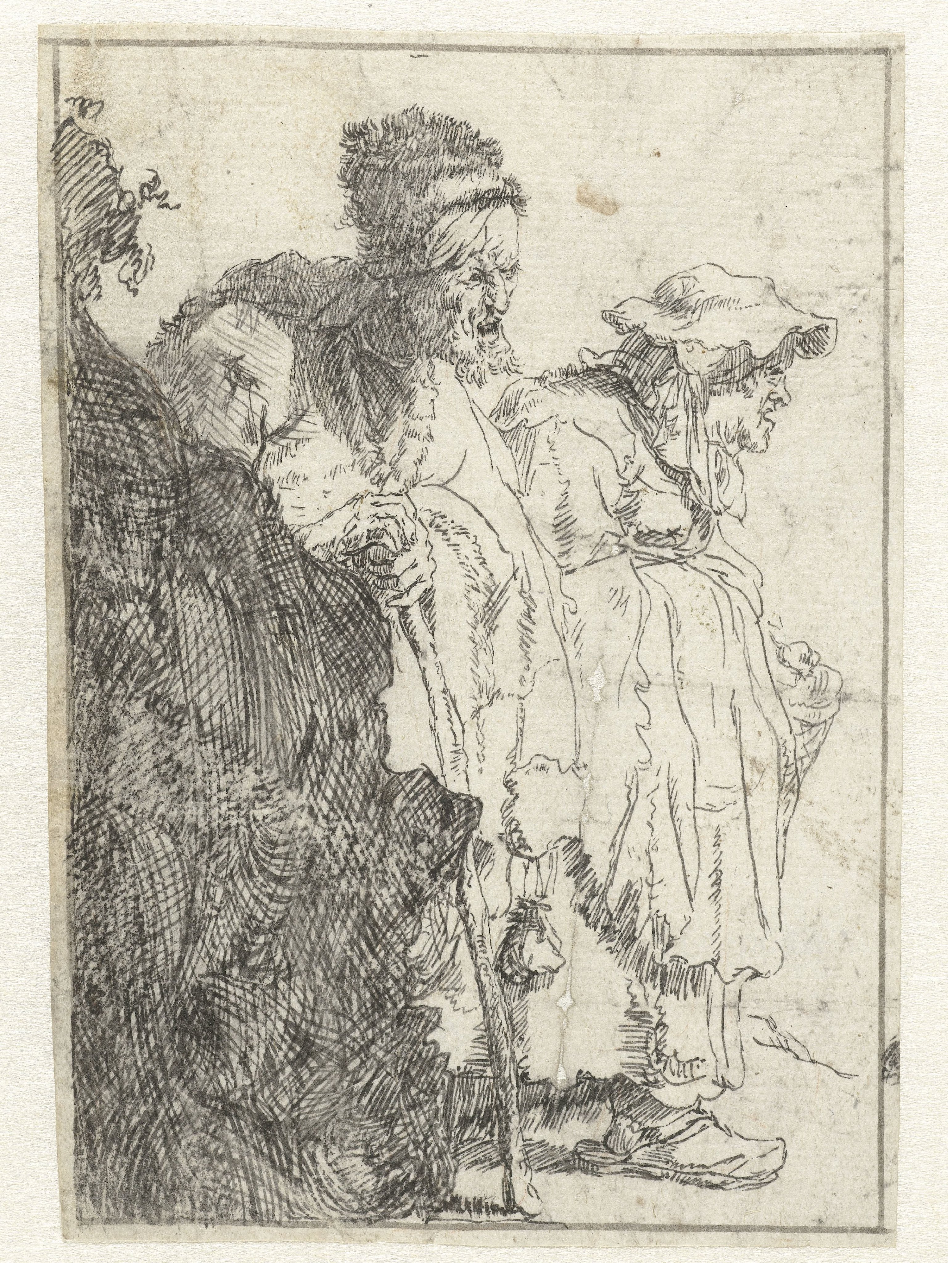 Beggar man and woman behind a bank
