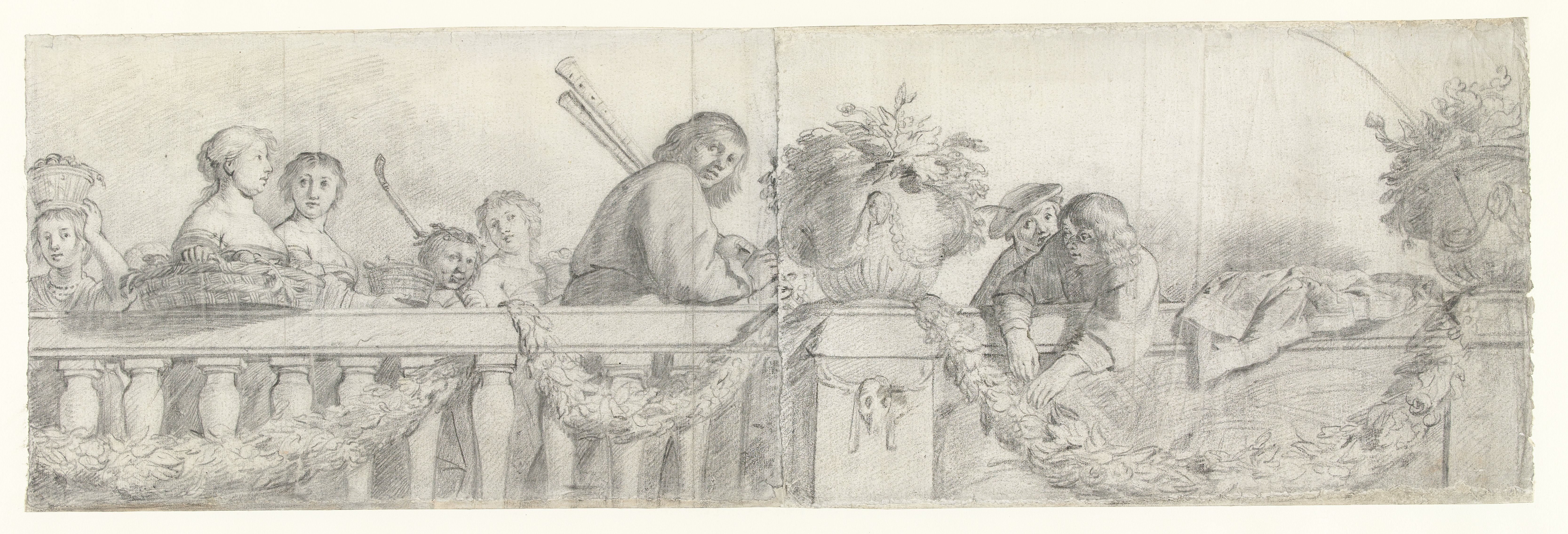 Personen op een balustrade met festoenen