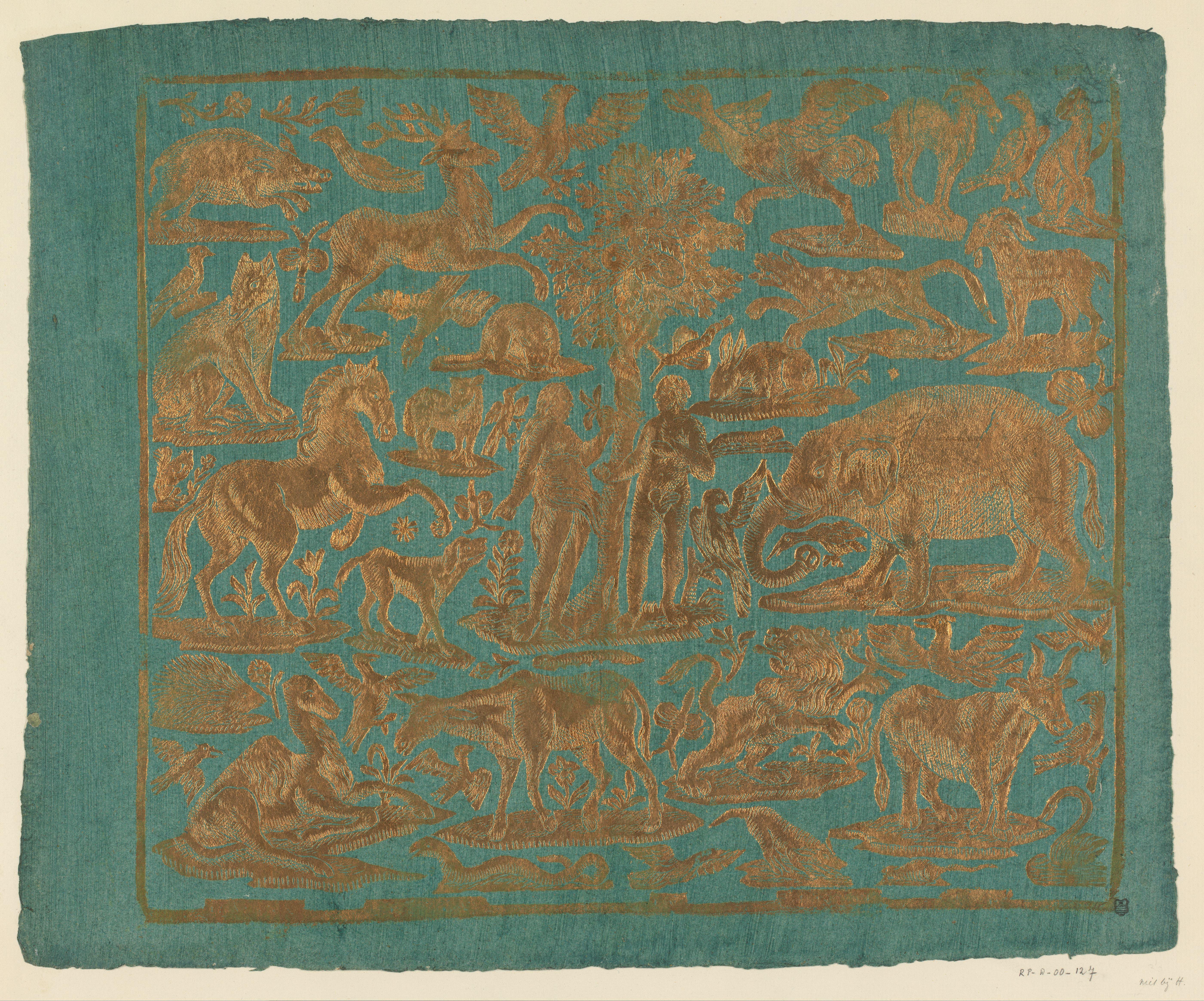 Blad met in het midden Adam en Eva onder de appelboom, omgeven door dieren